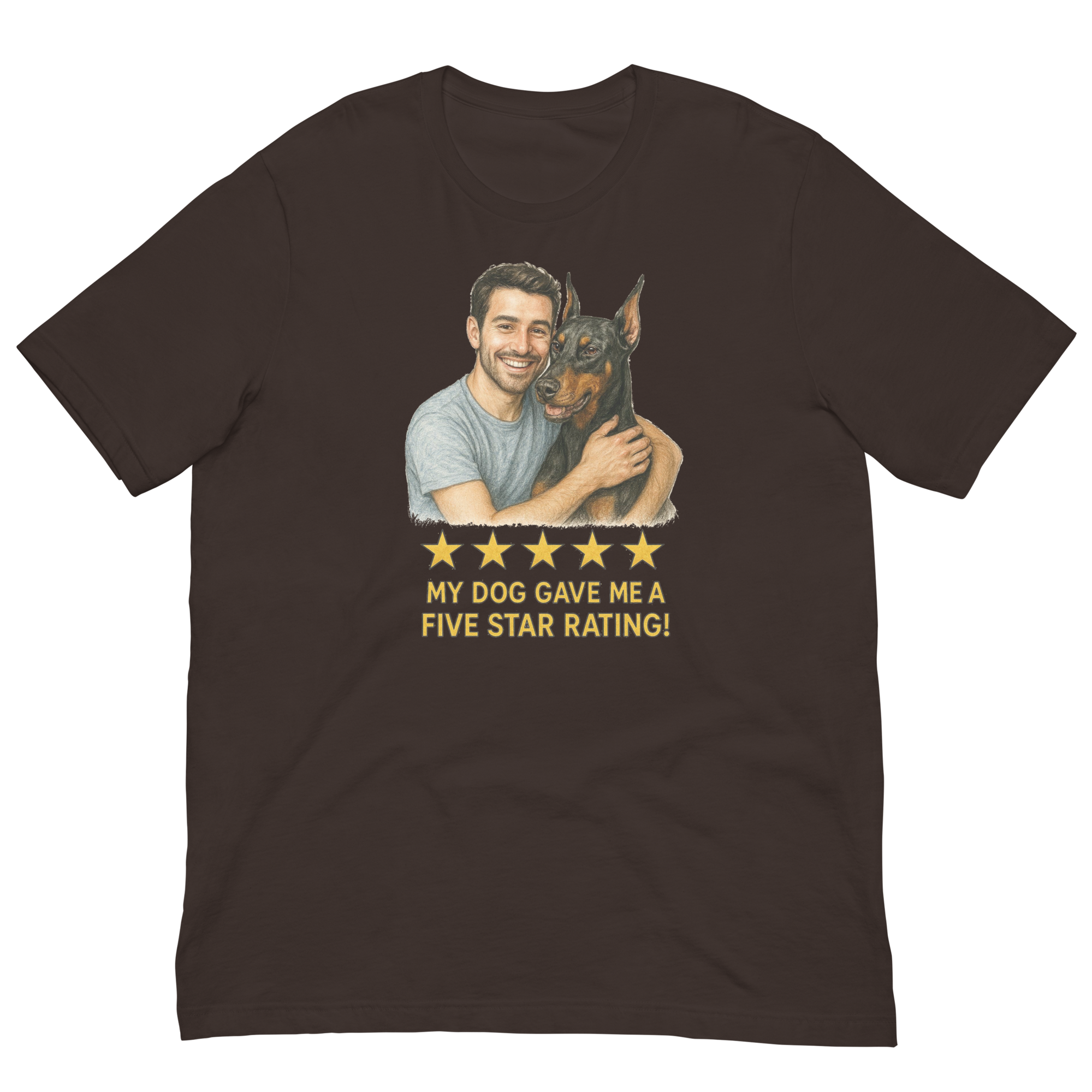 Brunette Man with Doberman Pinscher graphic tee.