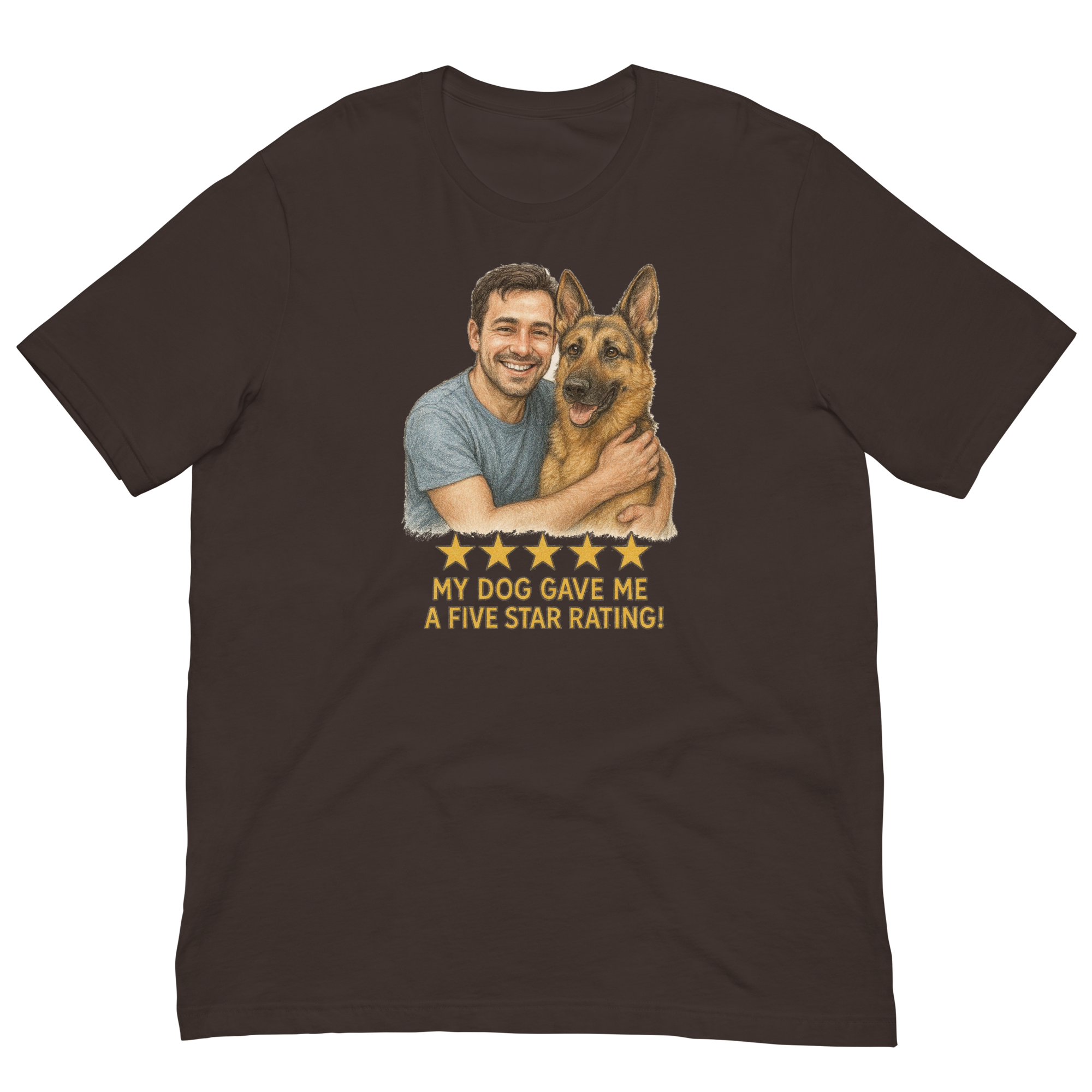 Brunette Man with German Shepherd graphic tee.