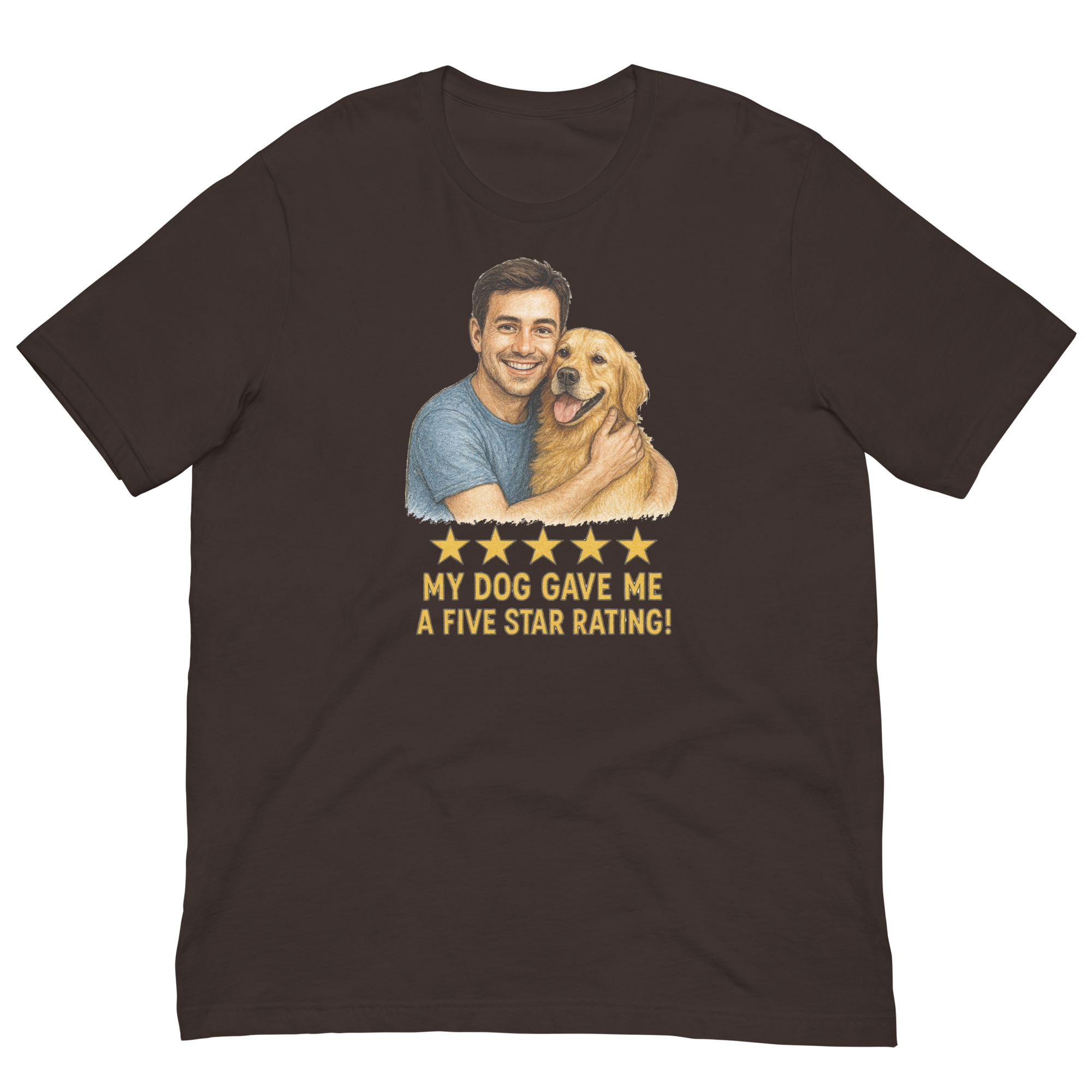 Brunette Man with Golden Retriever graphic tee.