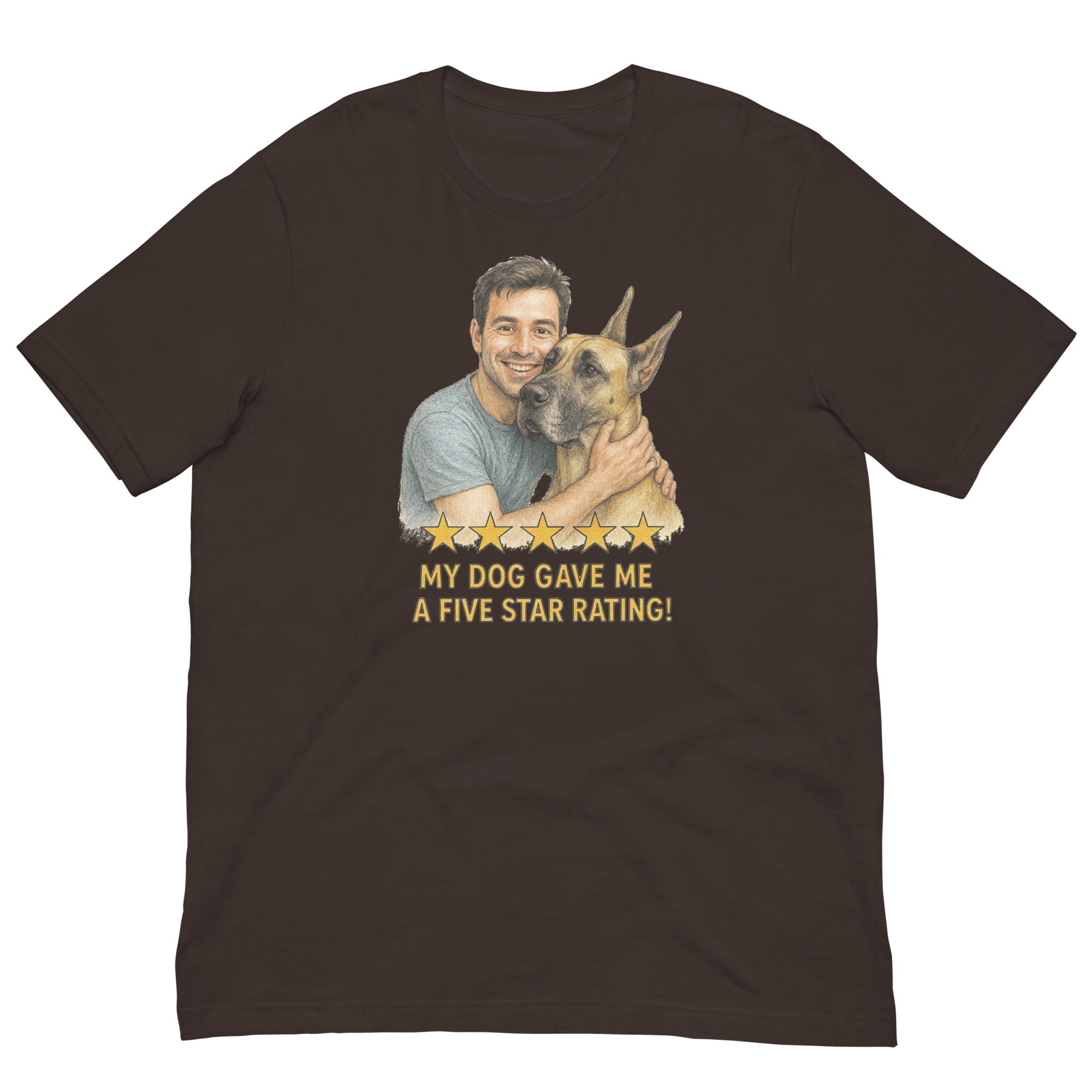 Brunette Man with Great Dane graphic tee.