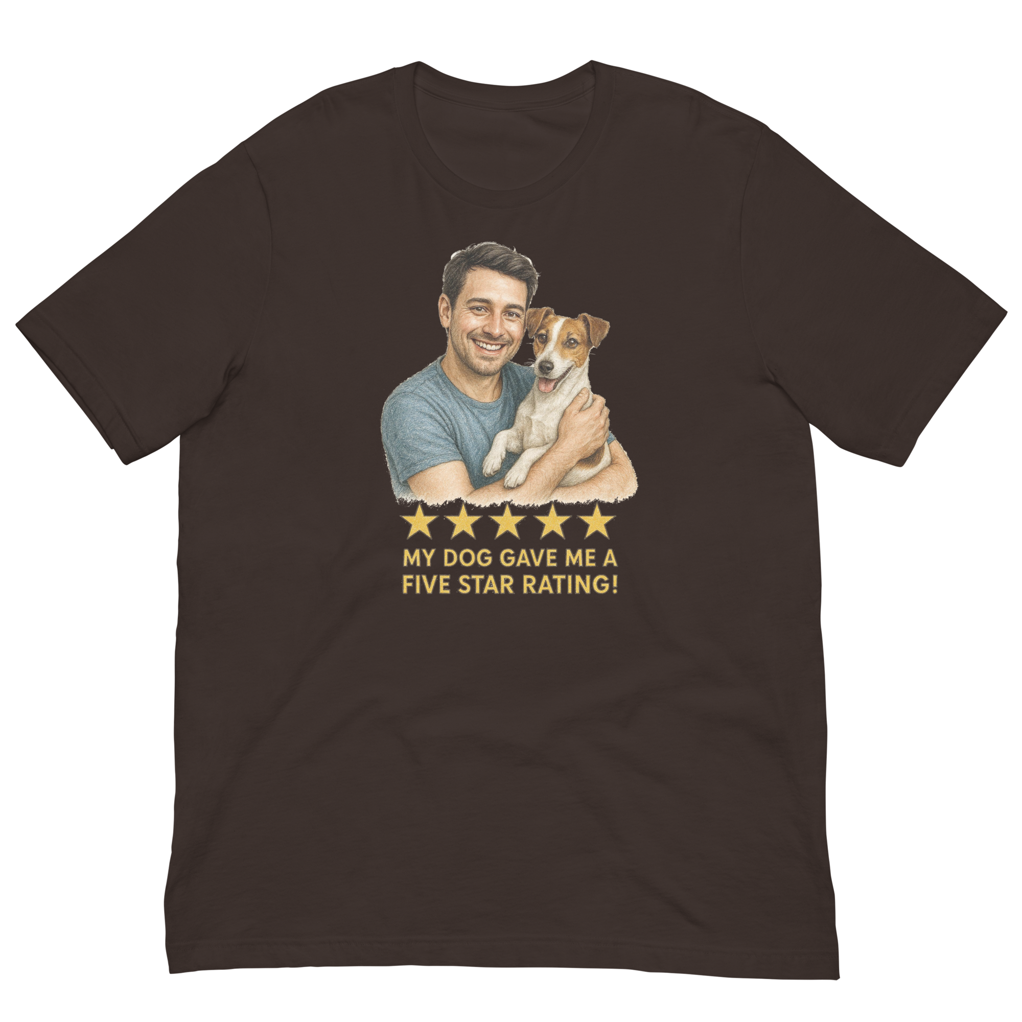 Brunette Man with Jack Russell Terrier graphic tee.