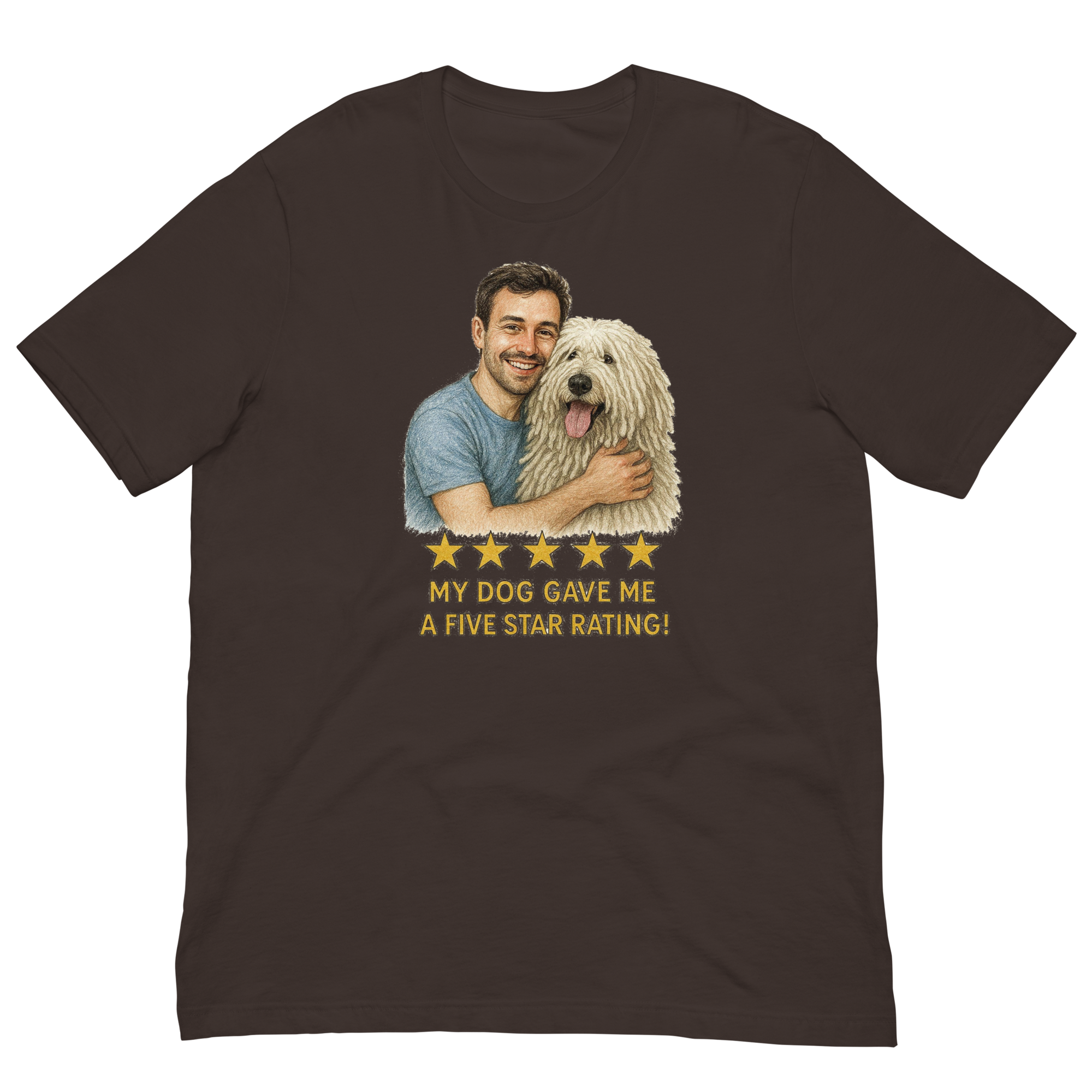 Brunette Man with Komondor graphic tee.
