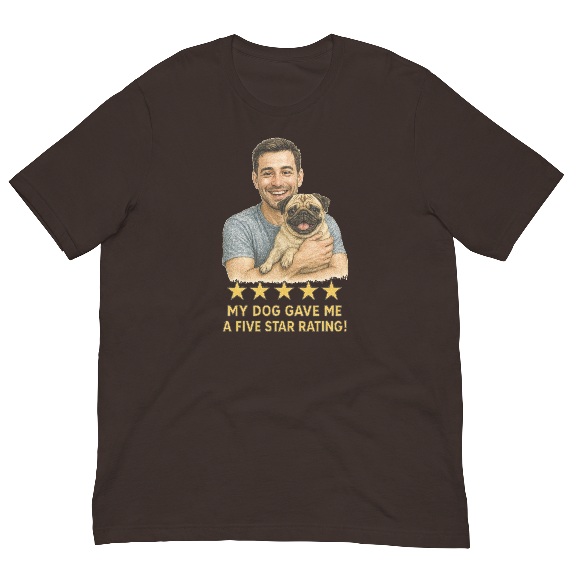 Brunette Man with Pug graphic tee.