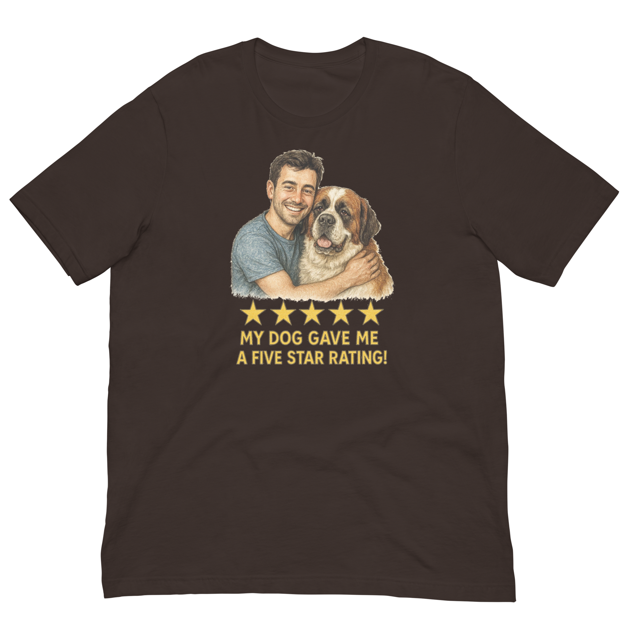Brunette Man with Saint Bernard graphic tee.