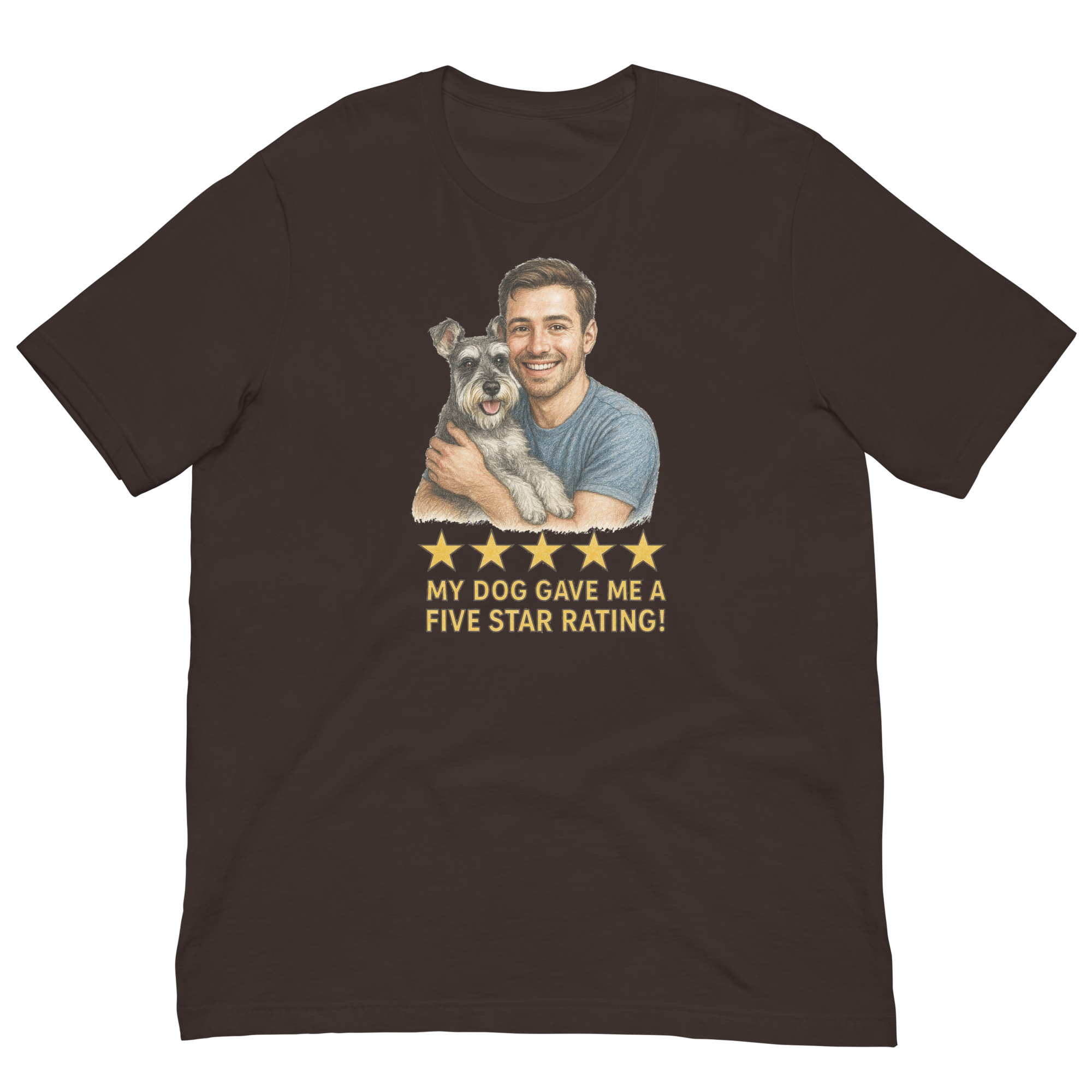 Brunette Man with Schnauzer graphic tee.