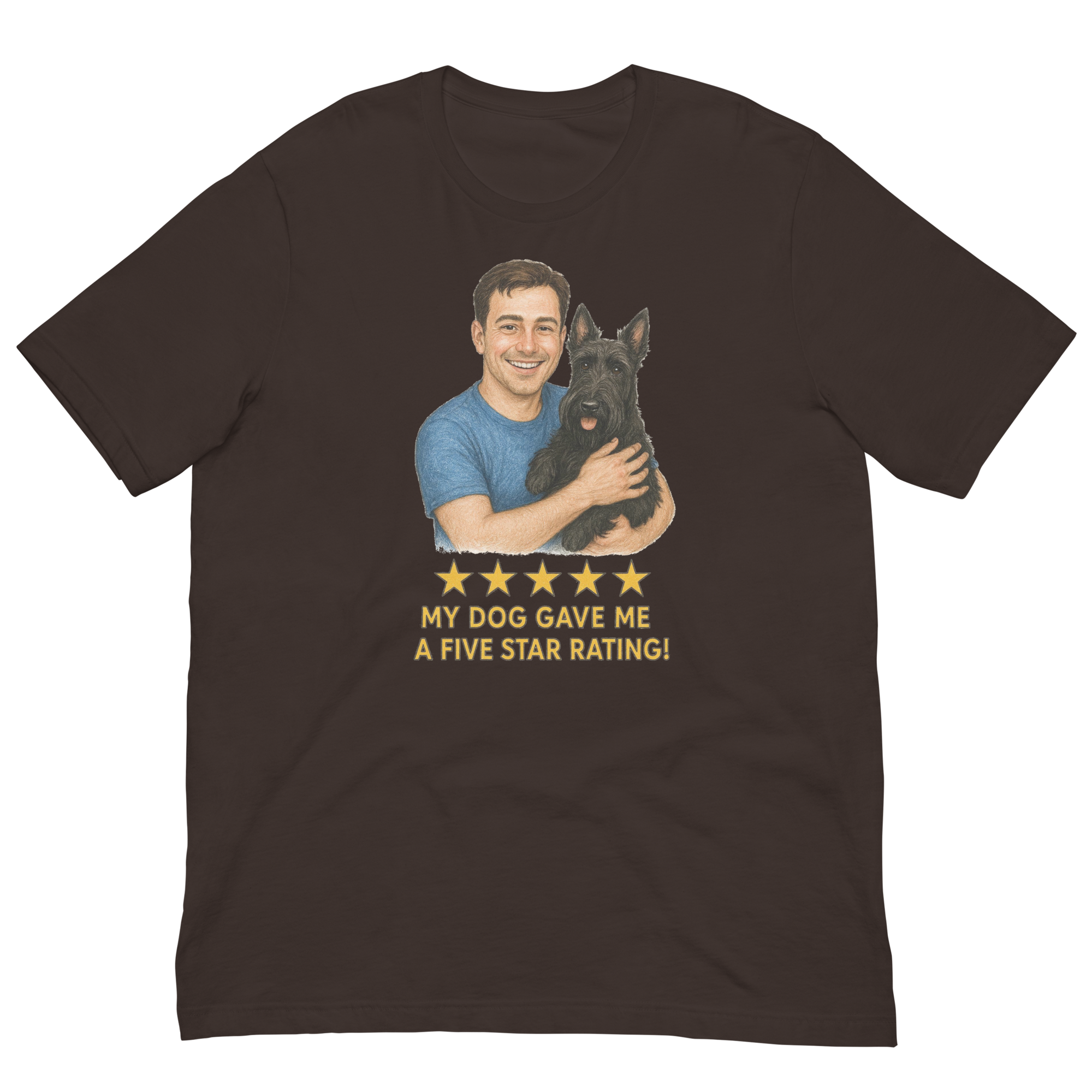 Brunette Man with Scottie graphic tee.