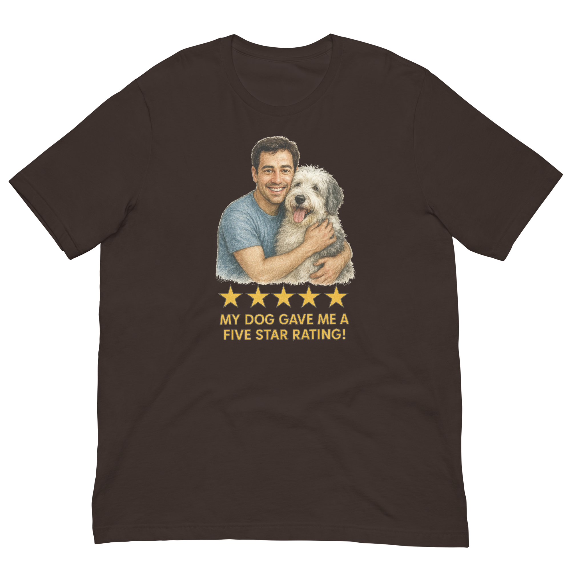 Brunette Man with Sheepdog graphic tee.