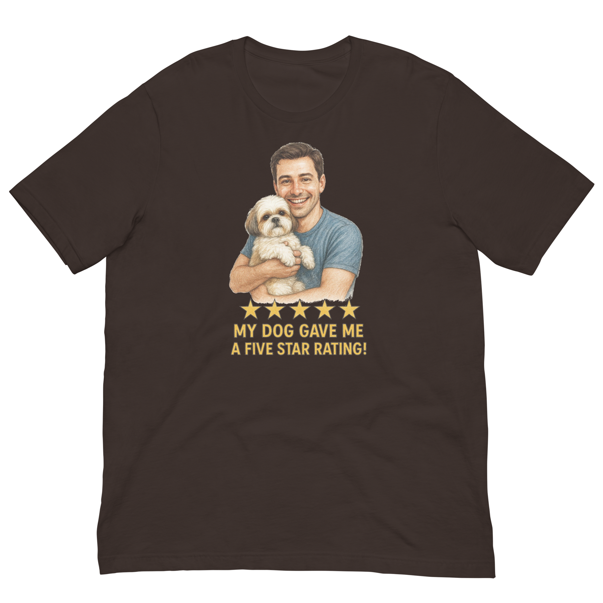 Brunette Man with Shih Tzu graphic tee.