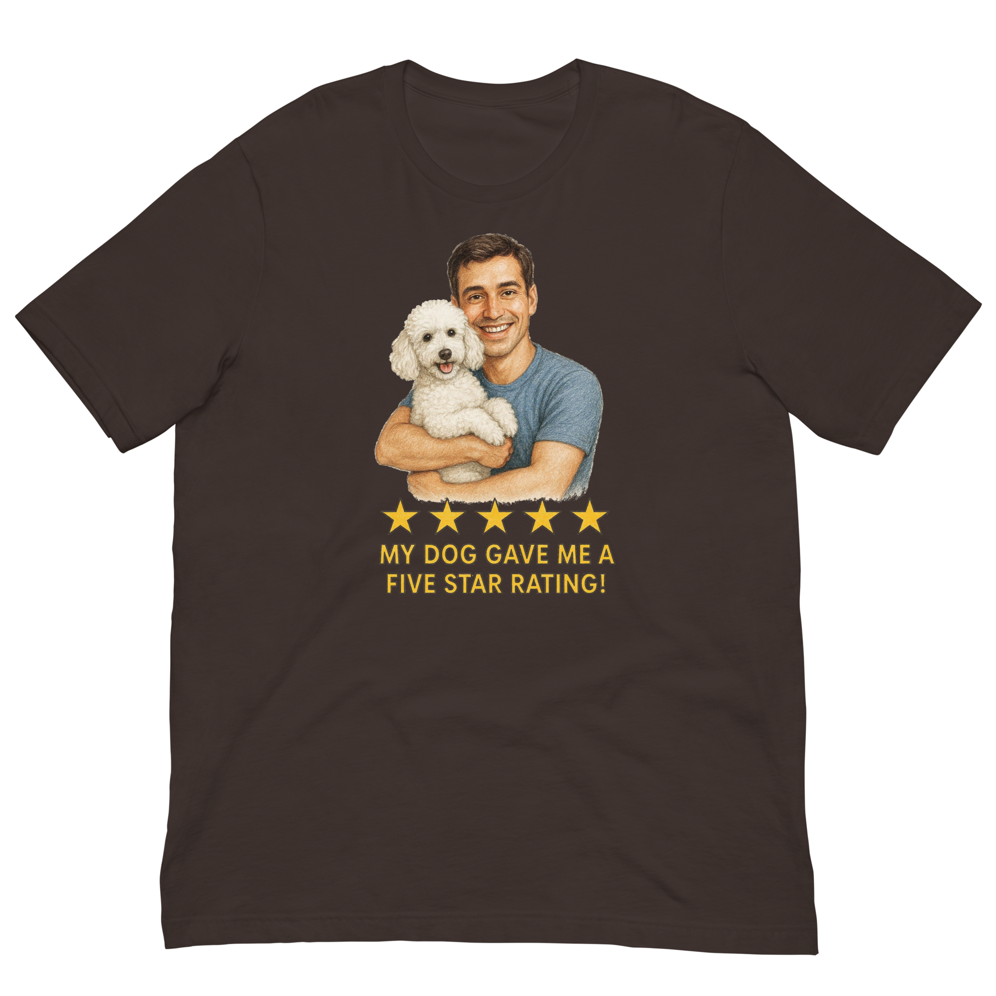 Brunette Man with White Poodle graphic tee.