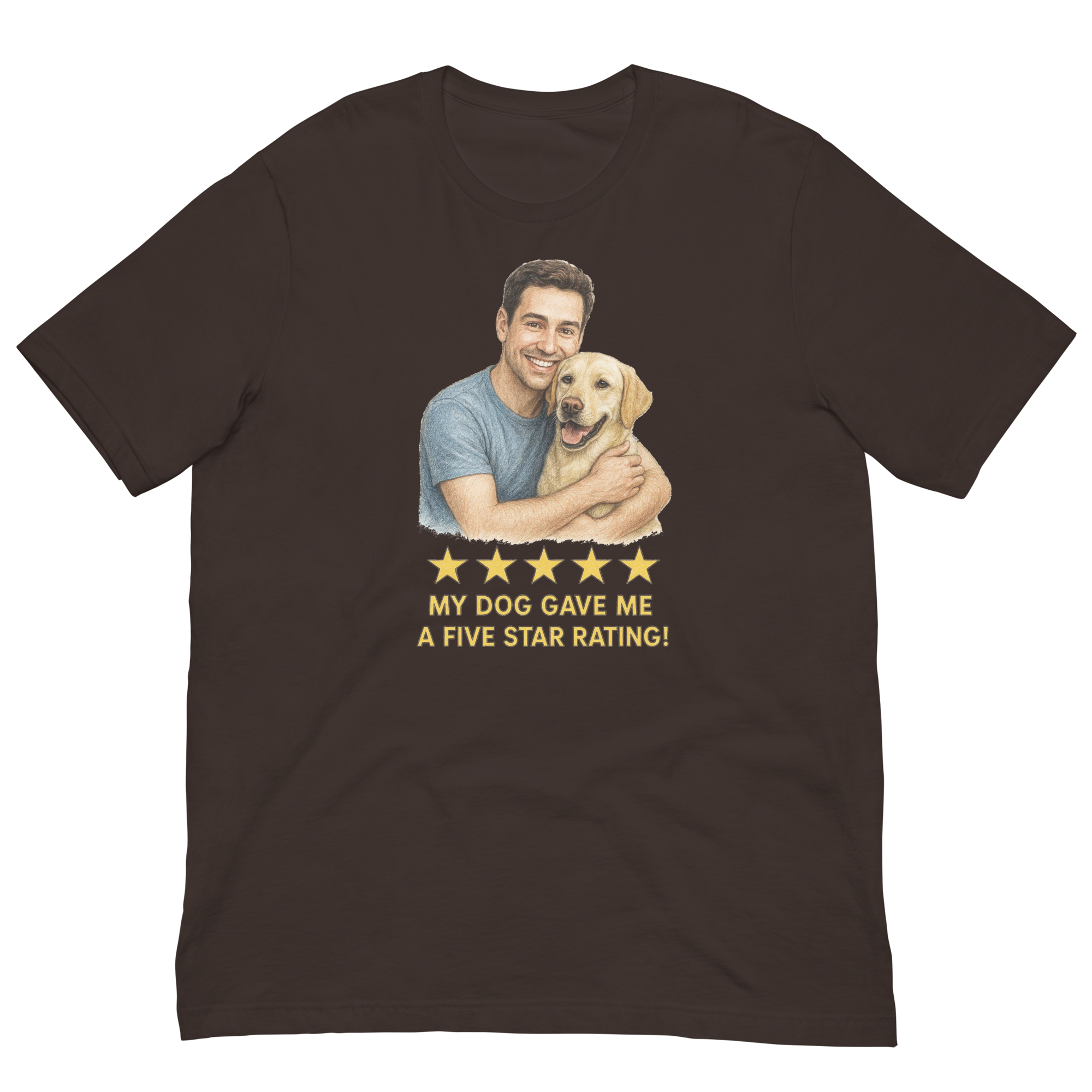 Brunette Man with Yellow Labrador graphic tee.