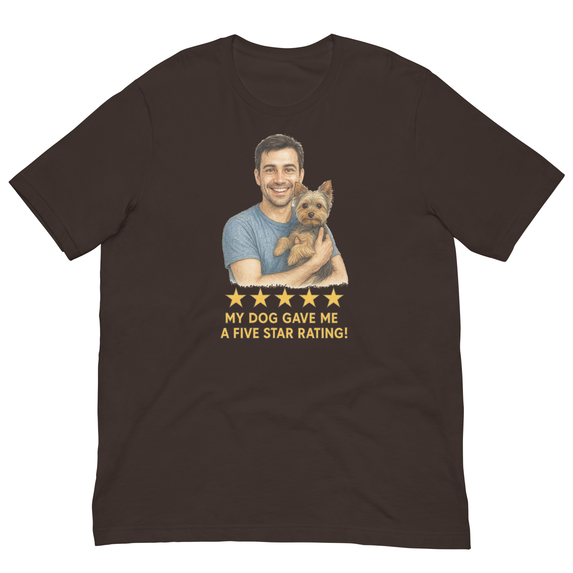 Brunette Man with Yorkie graphic tee.