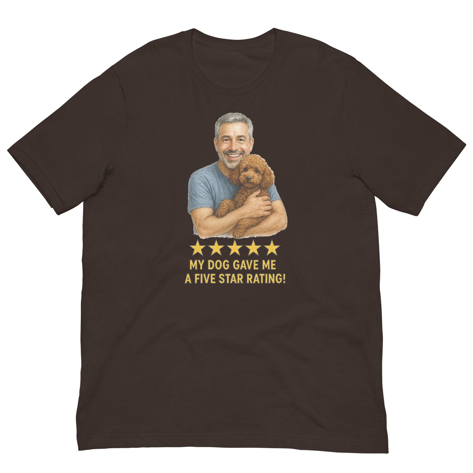 Salt & Pepper Man with Brown Poodle graphic tee.