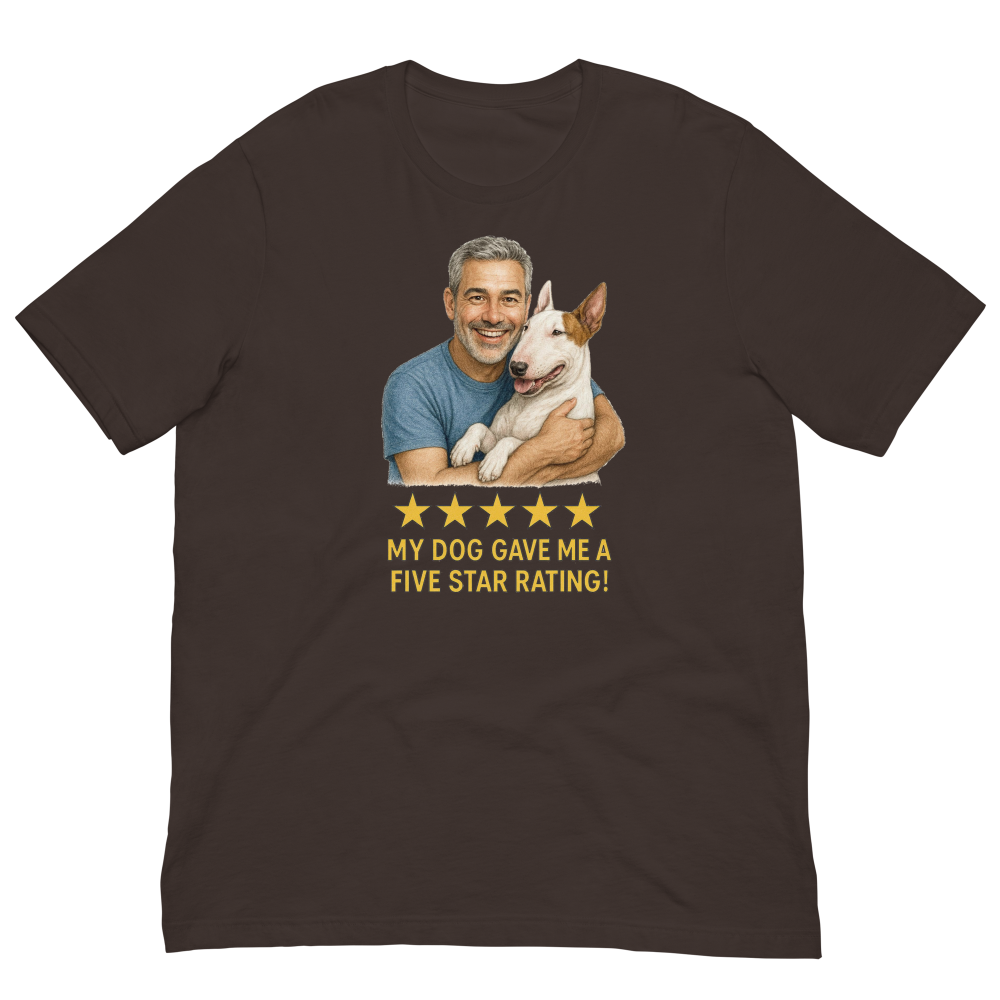 Salt & Pepper Man with Bull Terrier graphic tee.