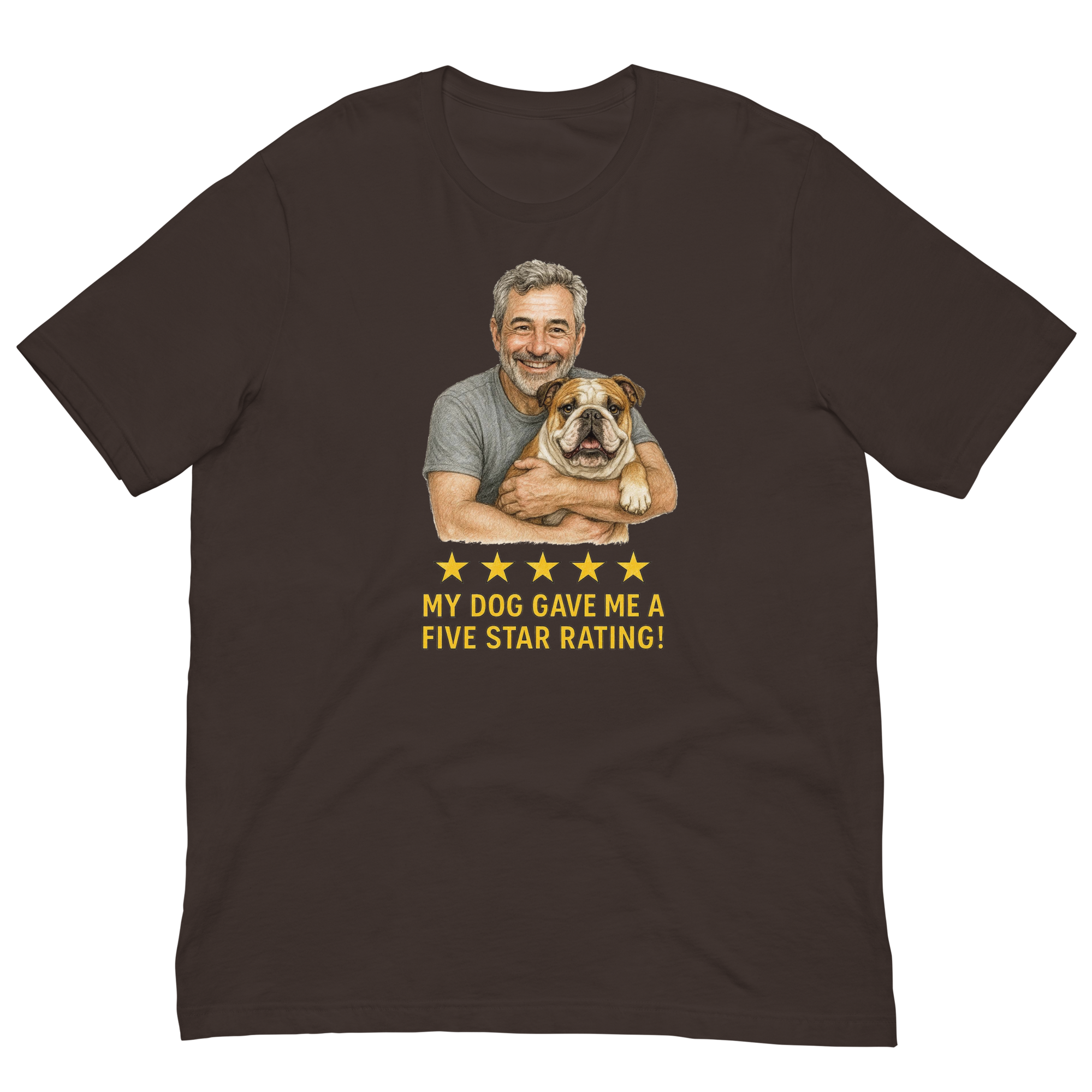 Salt & Pepper Man with Bulldog graphic tee.