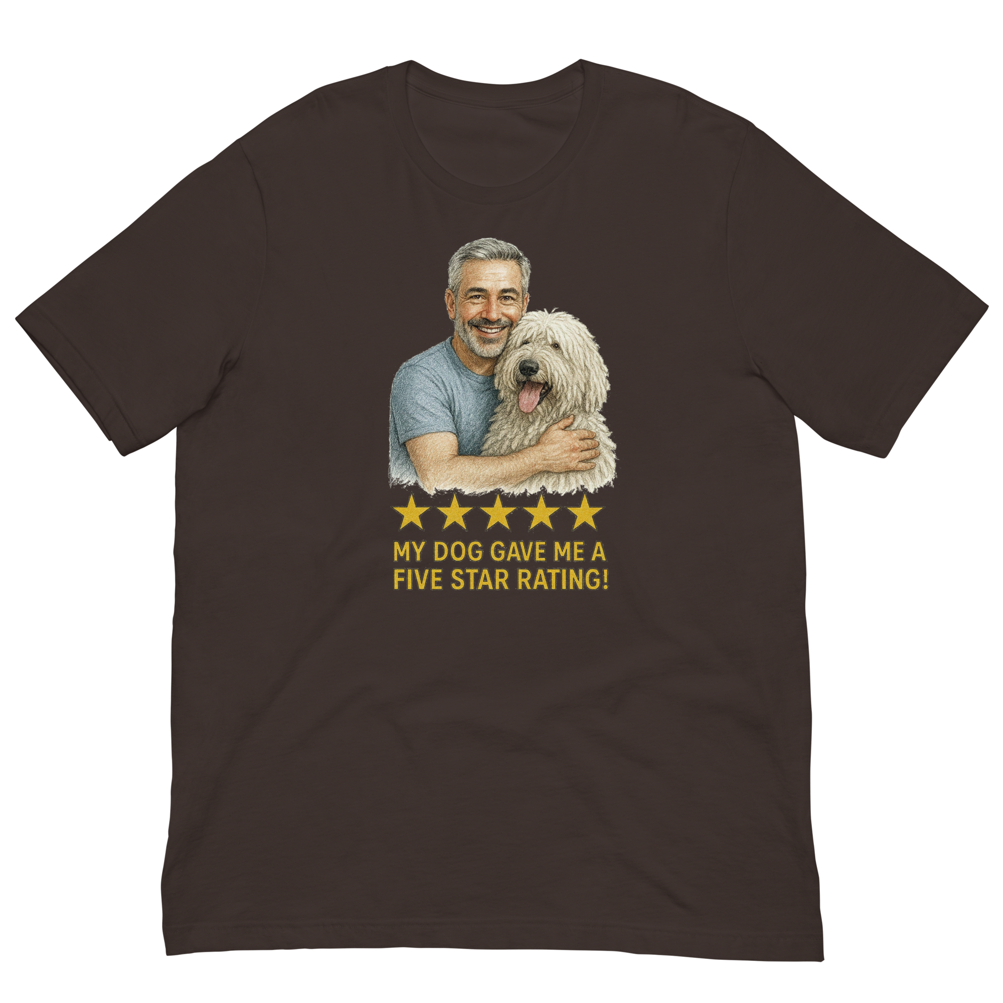 Salt & Pepper Man with Komondor graphic tee.