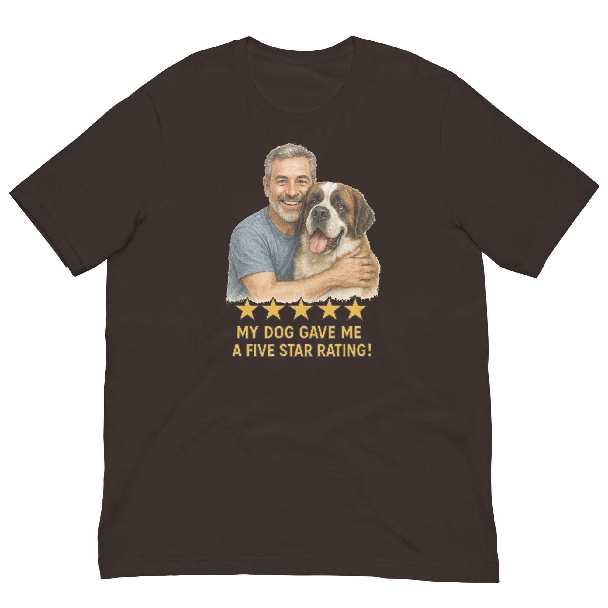 Salt & Pepper Man with Saint Bernard graphic tee.