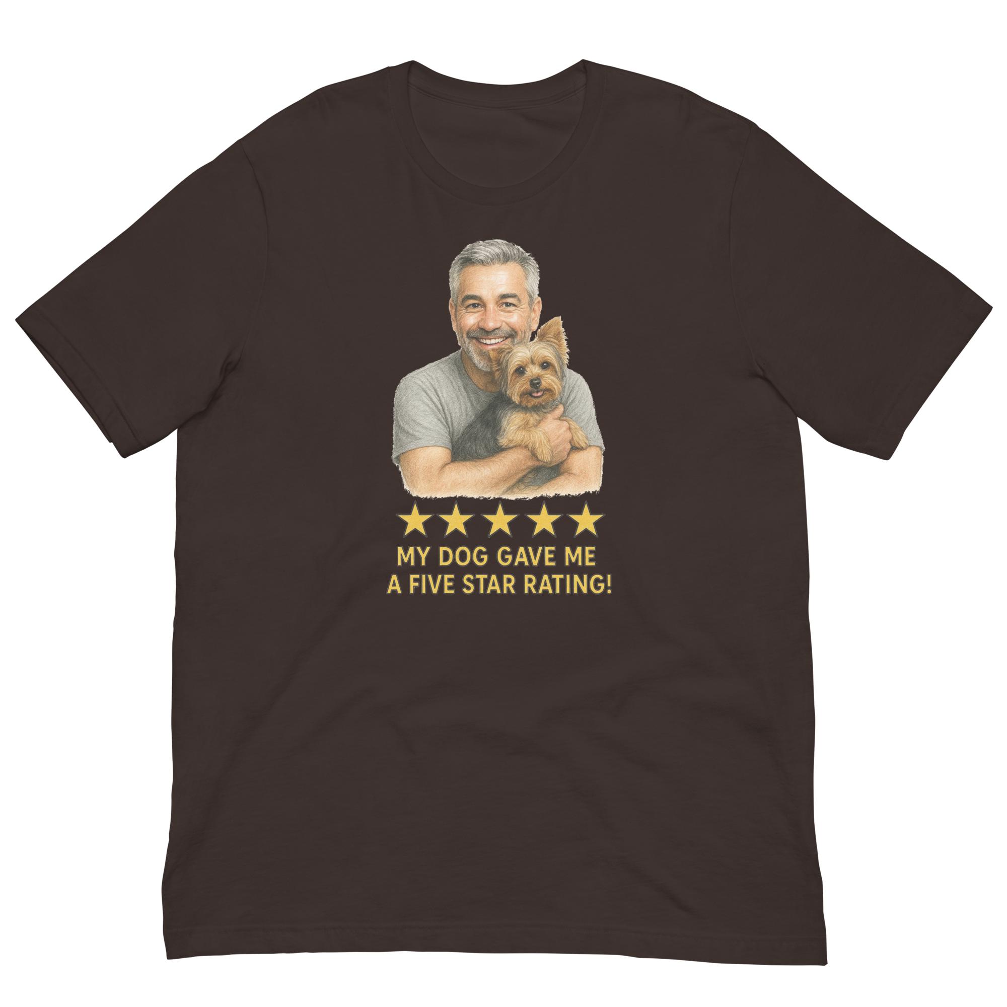 Salt & Pepper Man with Yorkie graphic tee.