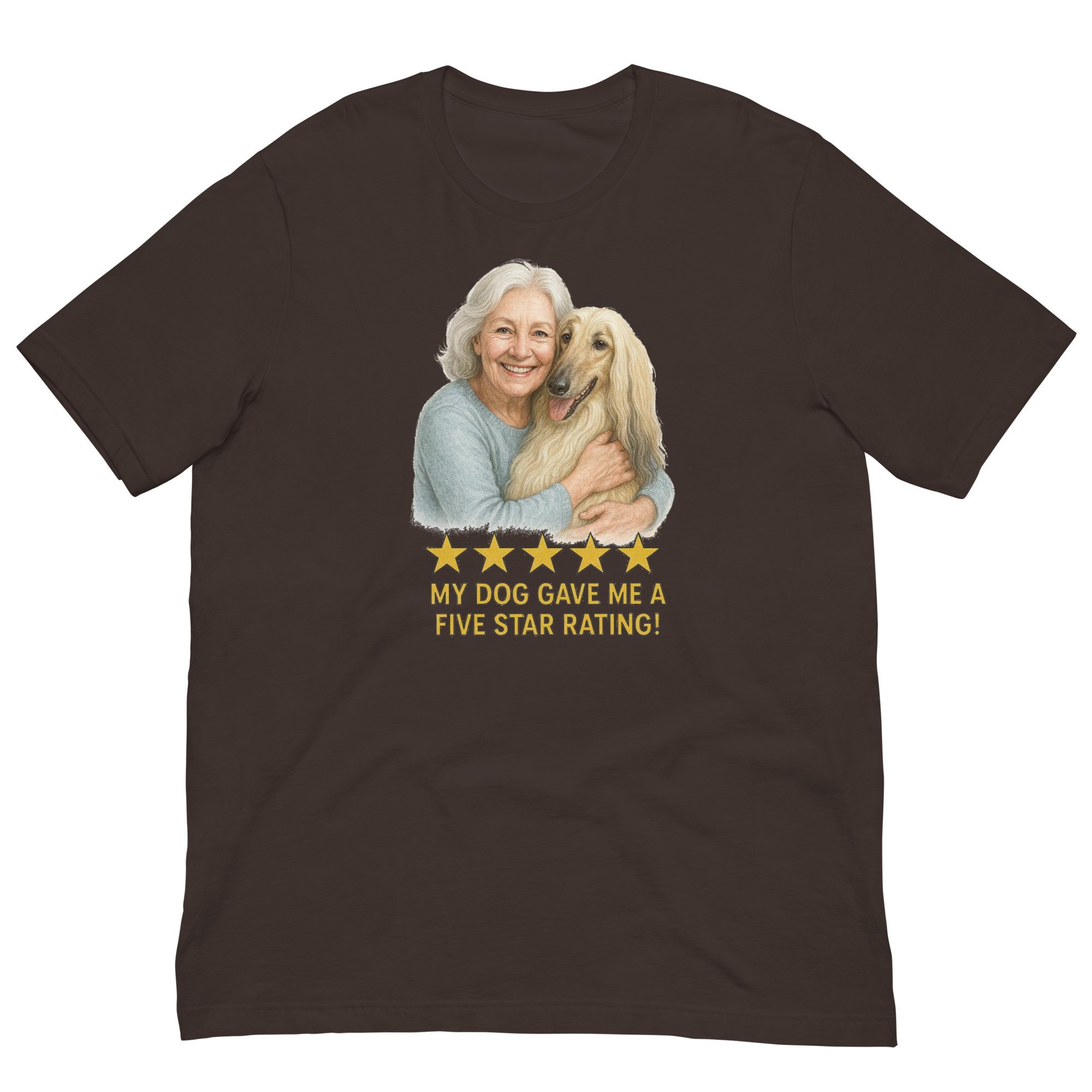 White Hair Woman with Afghan Hound graphic tee.