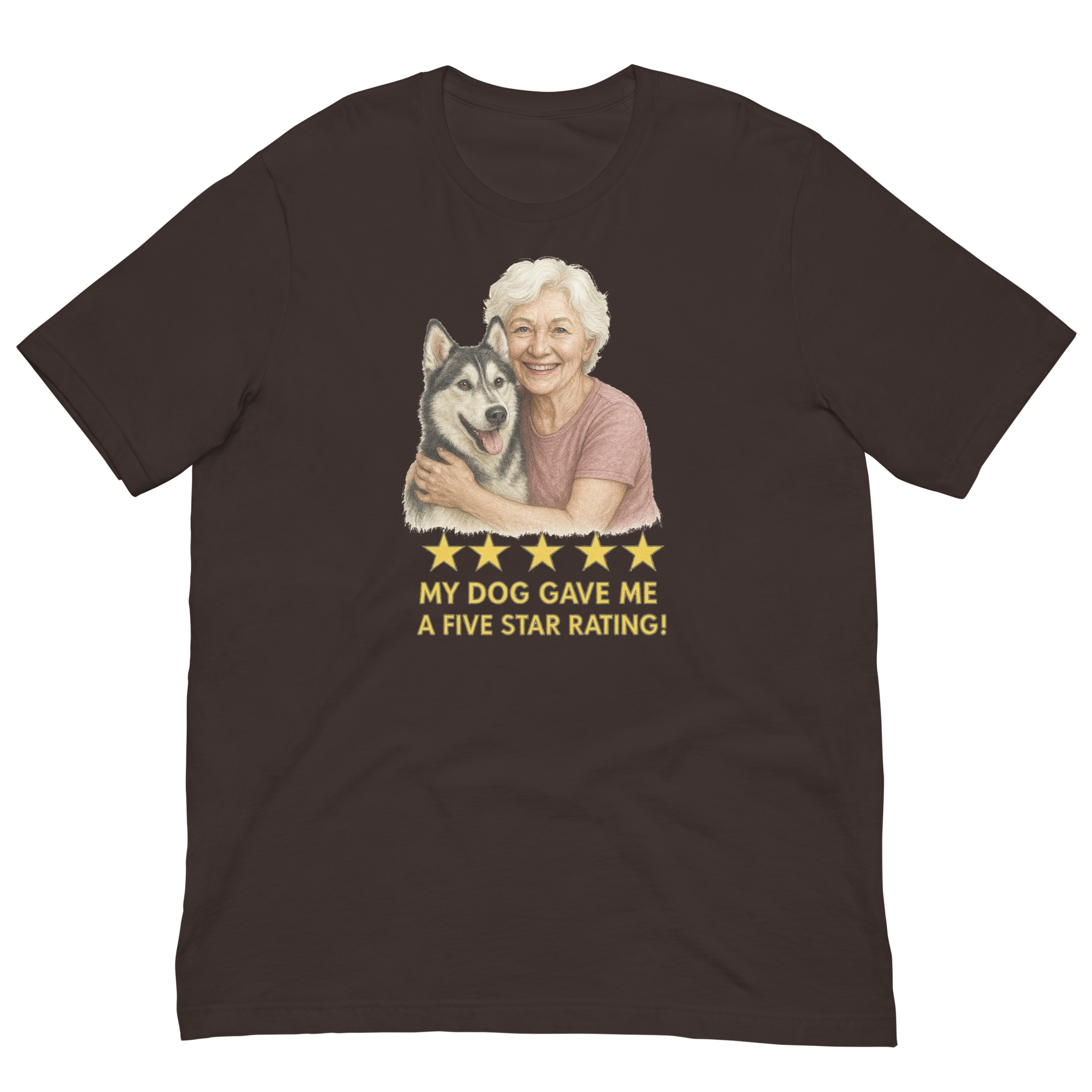 White Hair Woman with Alaskan Husky graphic tee.