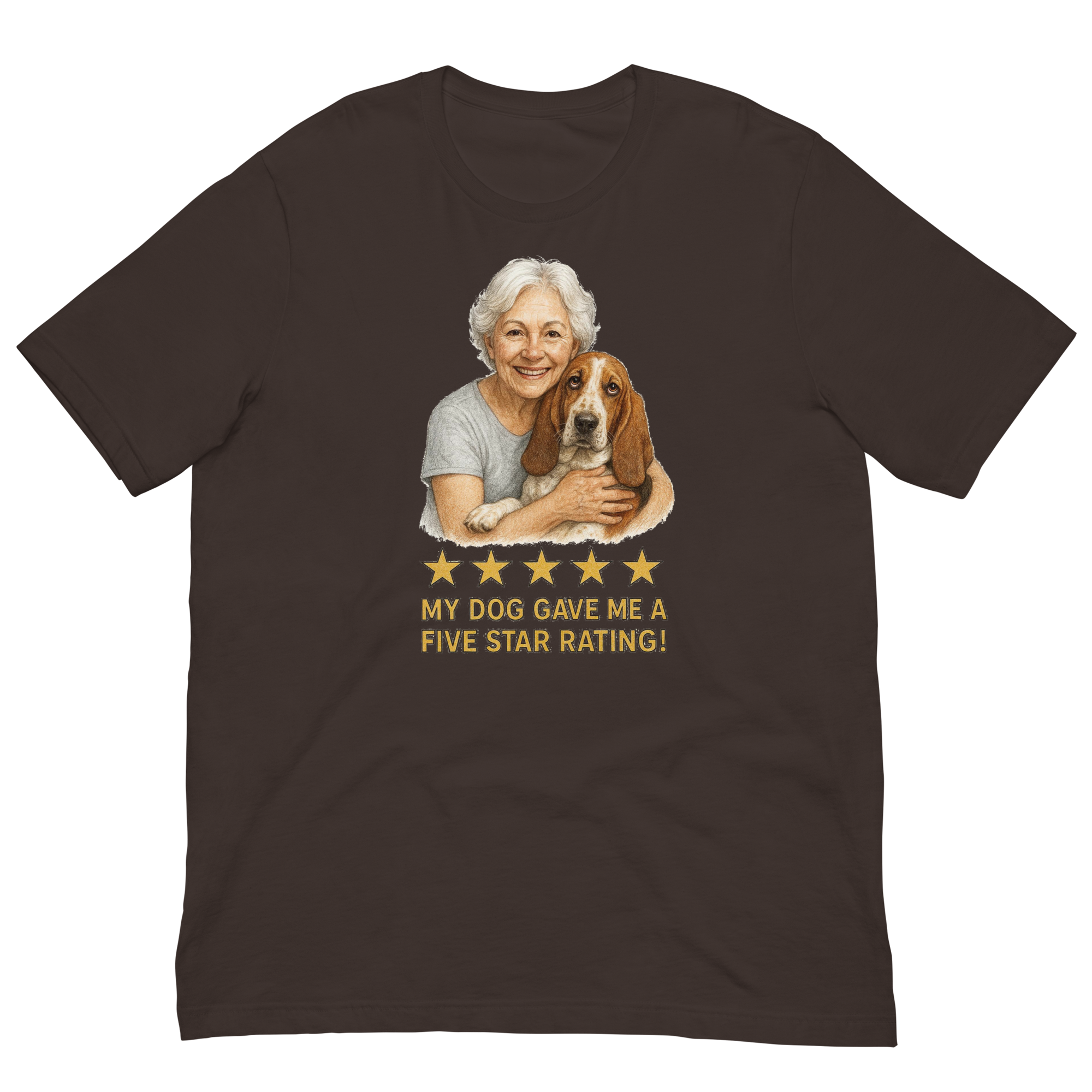 White Hair Woman with Basset Hound graphic tee.