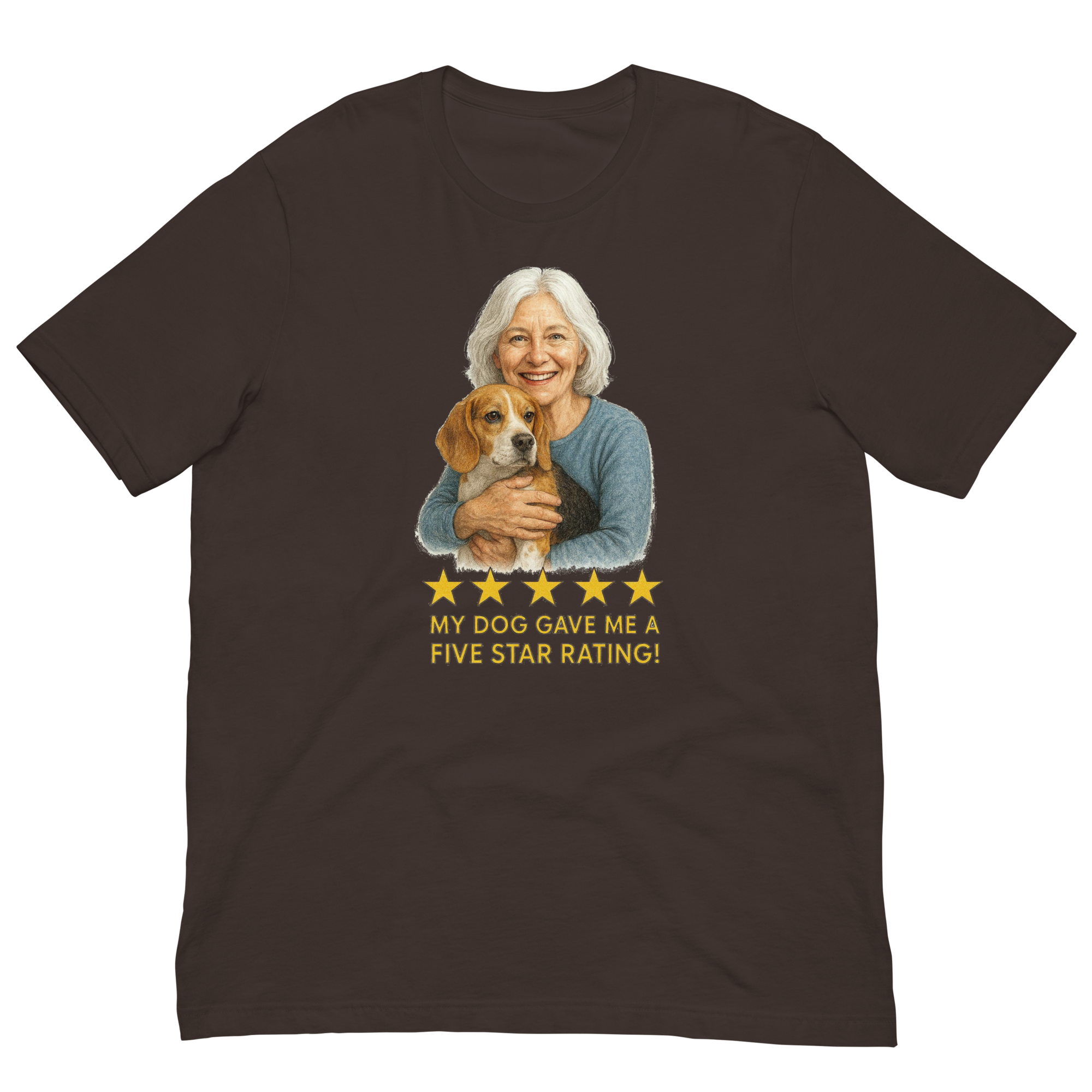 White Hair Woman with Beagle graphic tee.