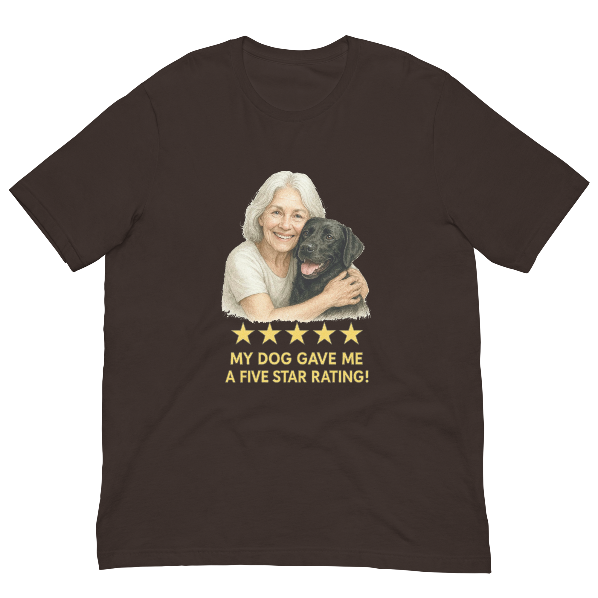 White Hair Woman with Black Labrador graphic tee.