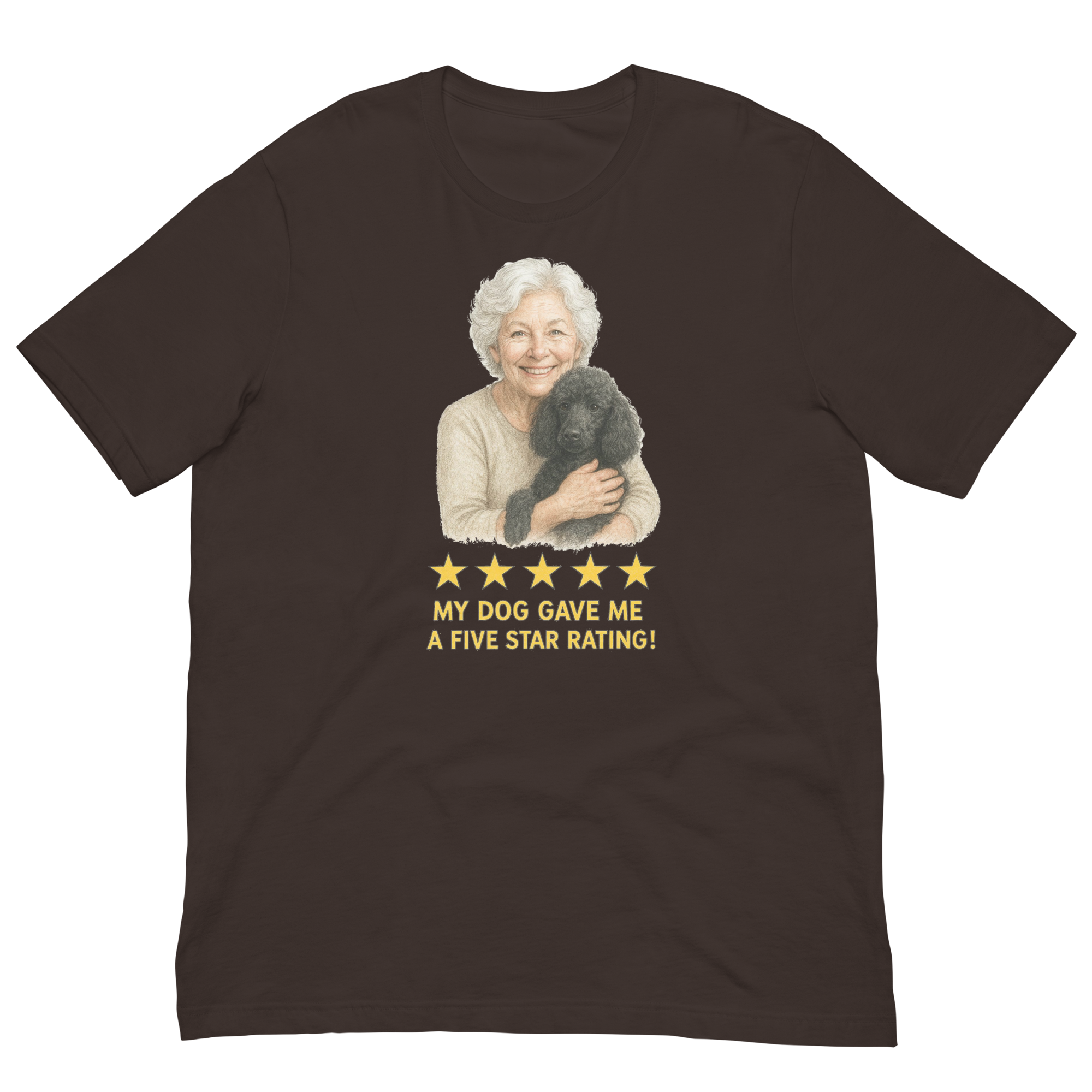 White Hair Woman with Black Poodle graphic tee.