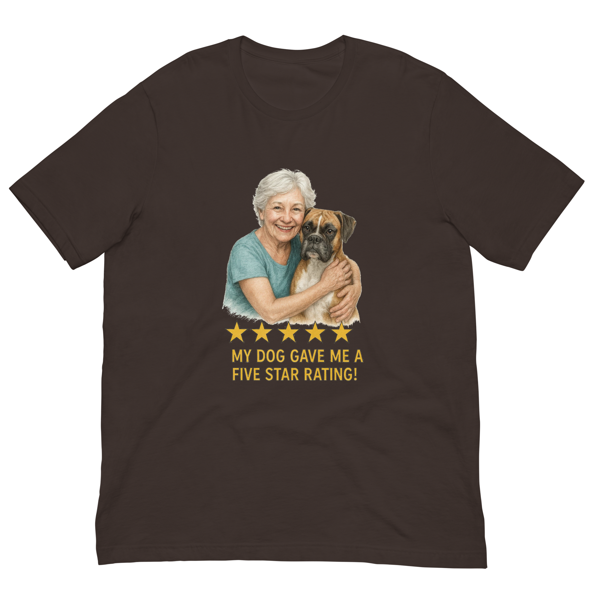 White Hair Woman with Boxer graphic tee.