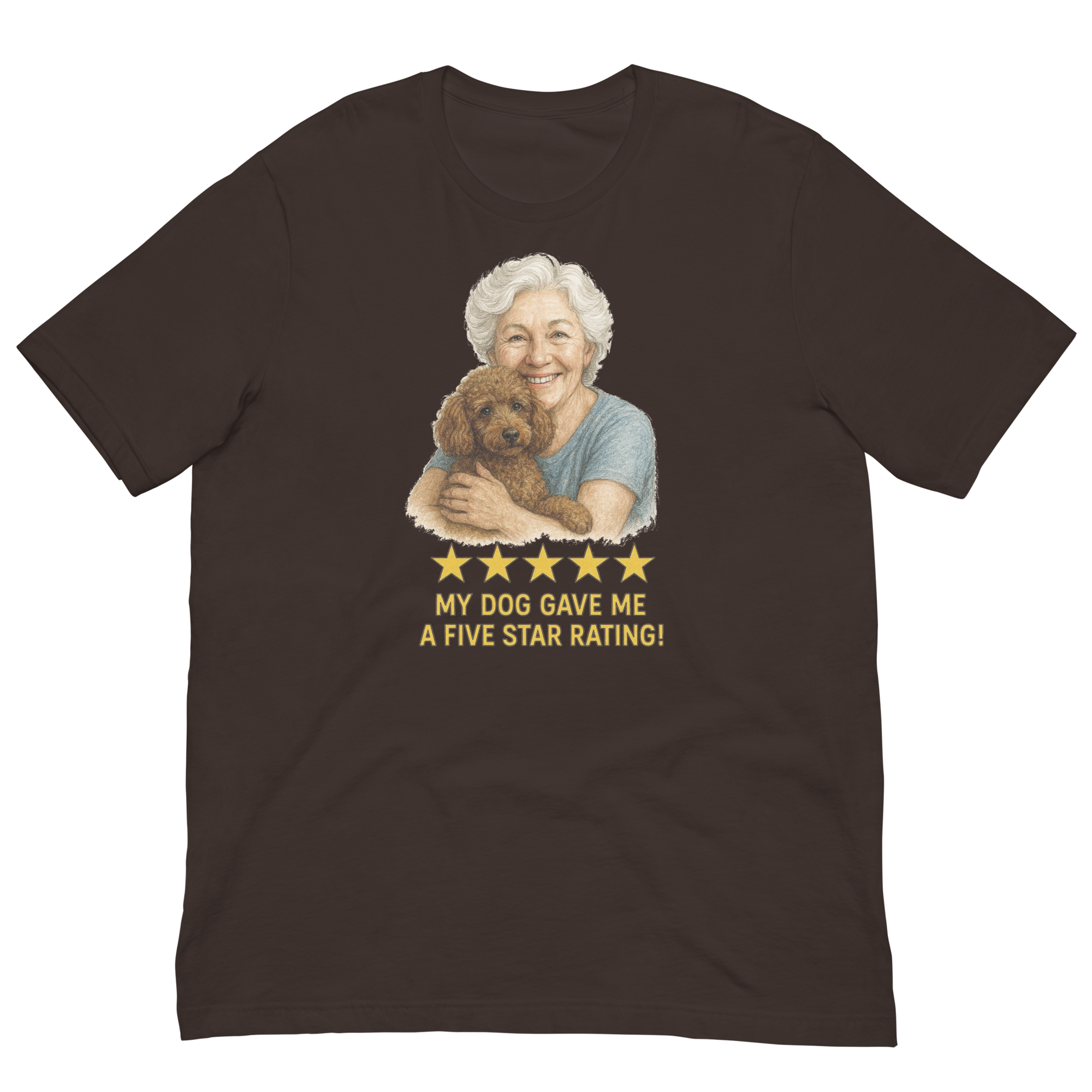 White Hair Woman with Brown Poodle graphic tee.