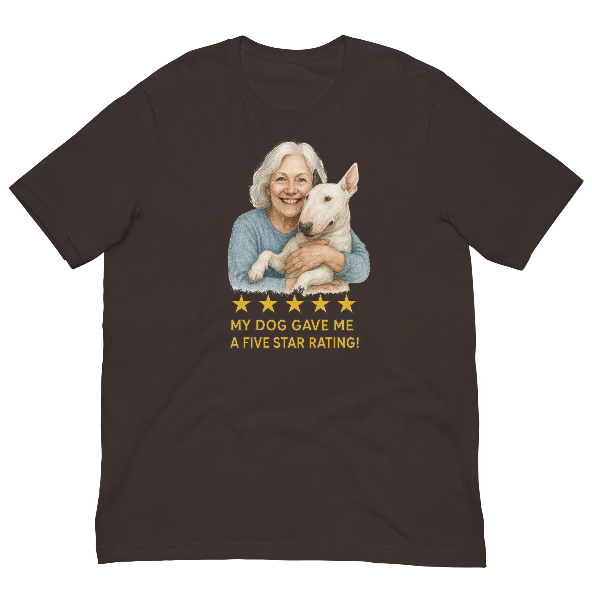 White Hair Woman with Bull Terrier graphic tee.