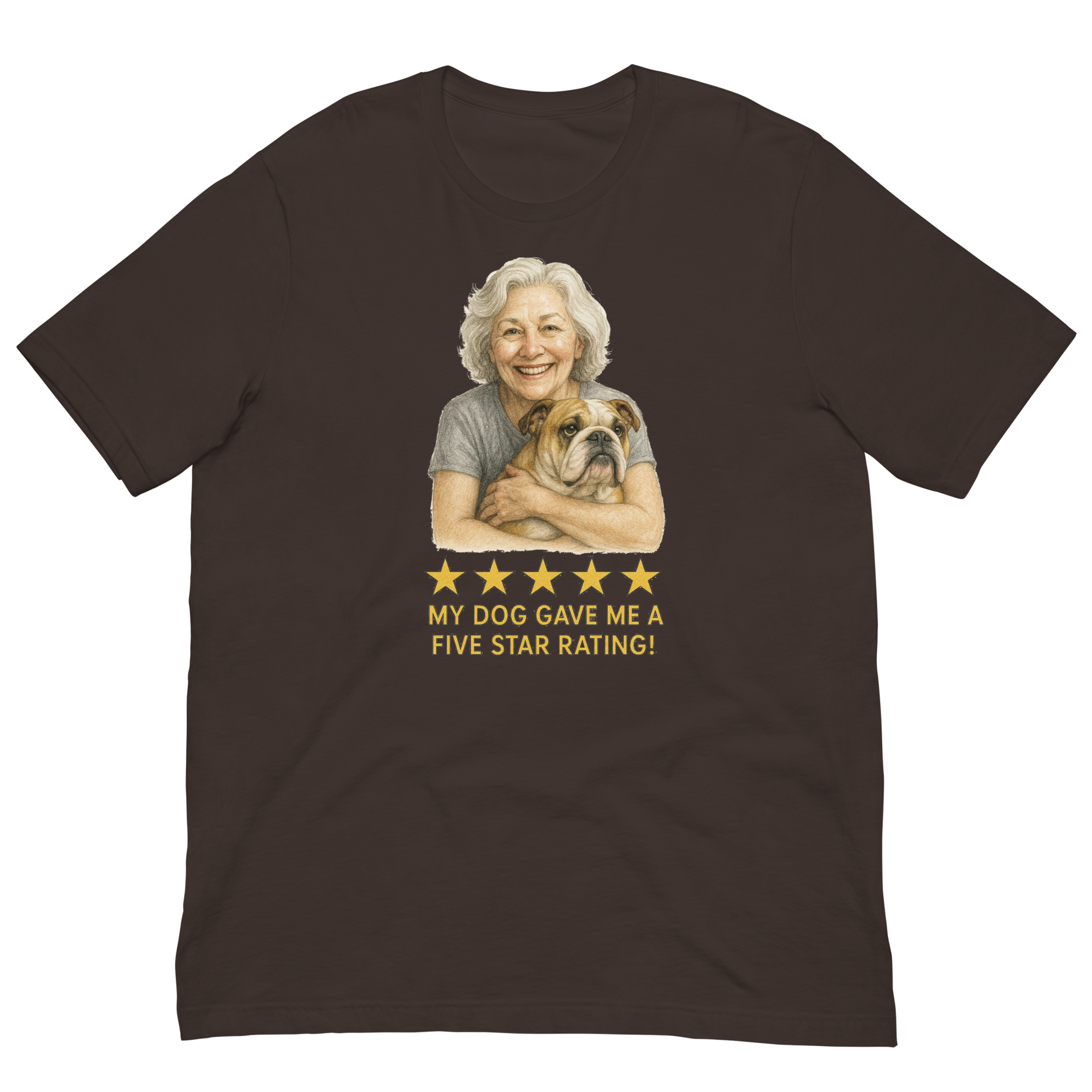 White Hair Woman with Bulldog graphic tee.