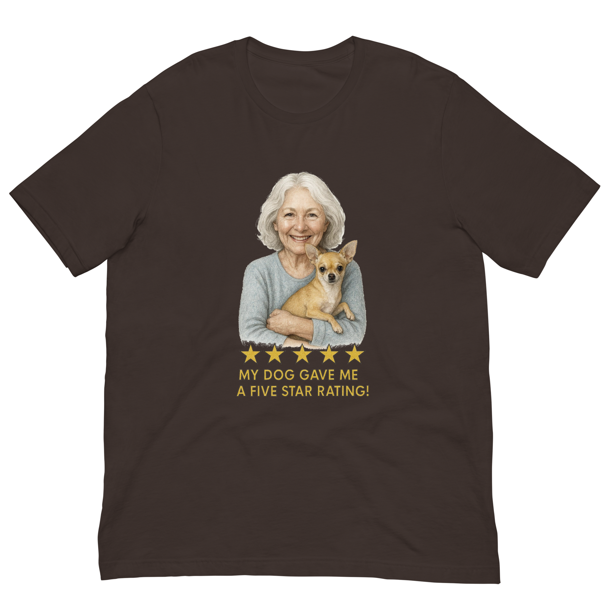 White Hair Woman with Chihuahua graphic tee.