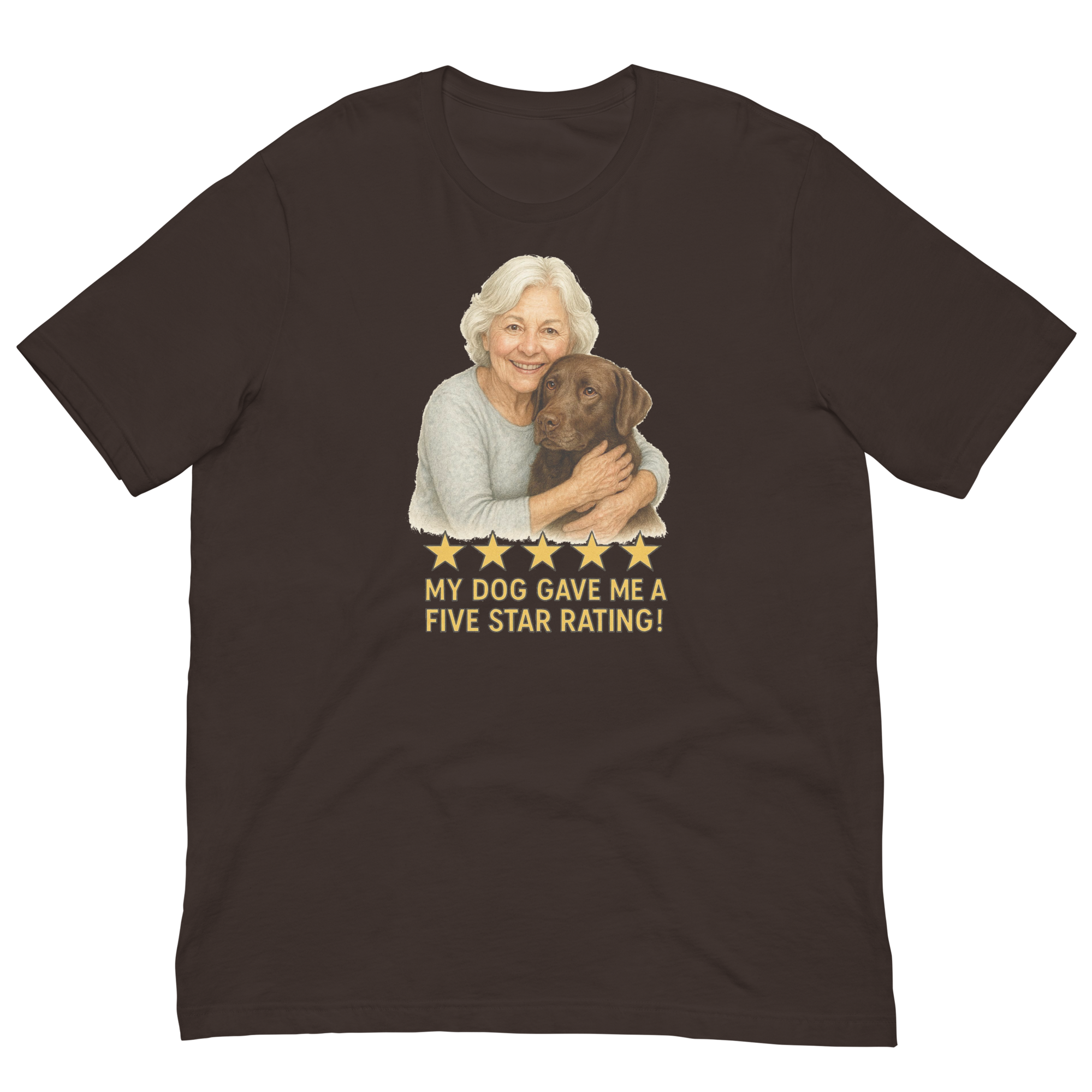 White Hair Woman with Chocolate Labrador graphic tee.