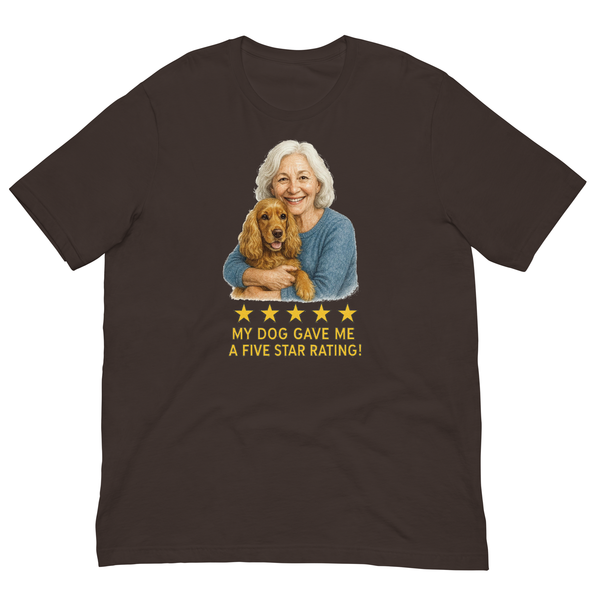 White Hair Woman with Cocker Spaniel graphic tee.