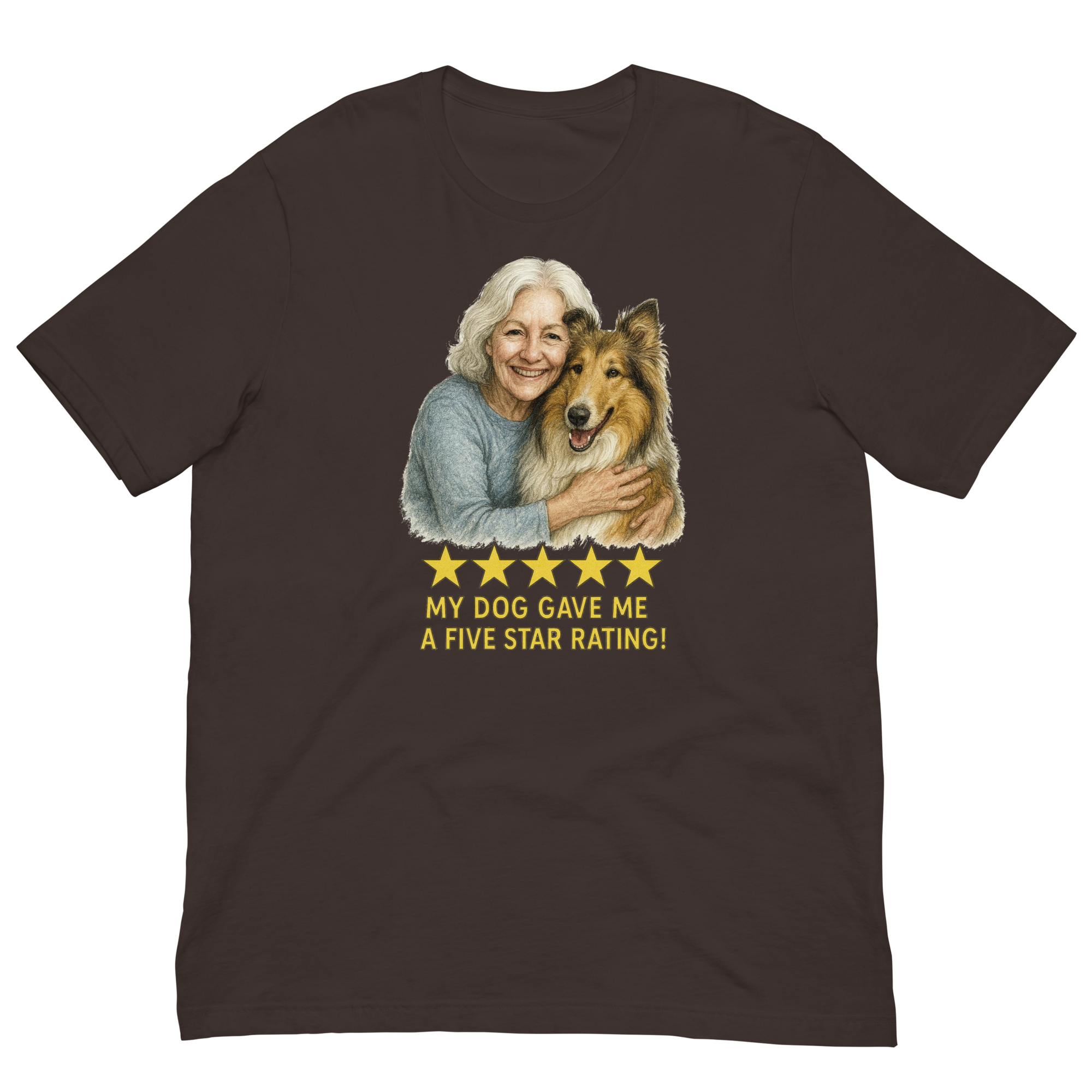White Hair Woman with Collie graphic tee.