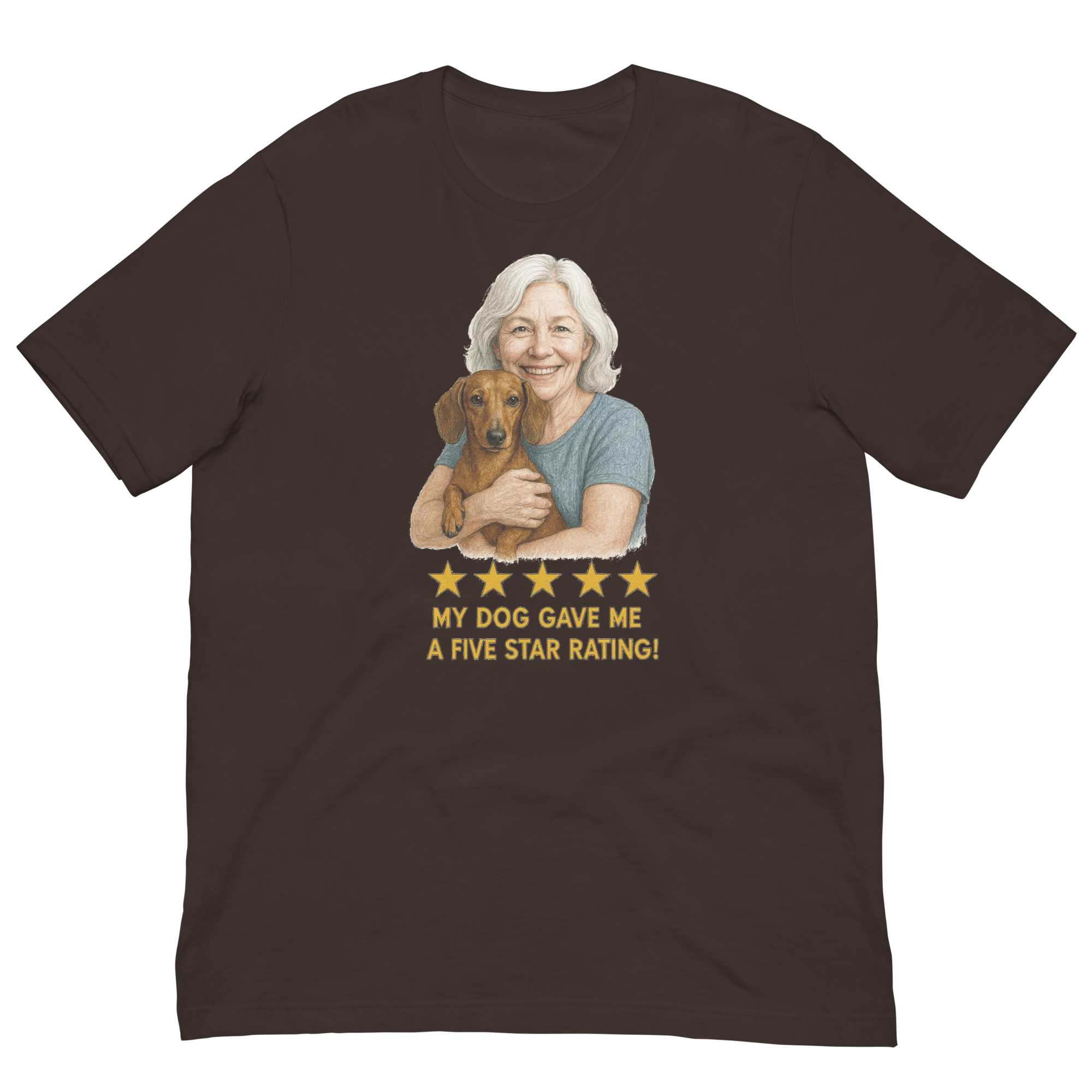 White Hair Woman with Dachshund graphic tee.
