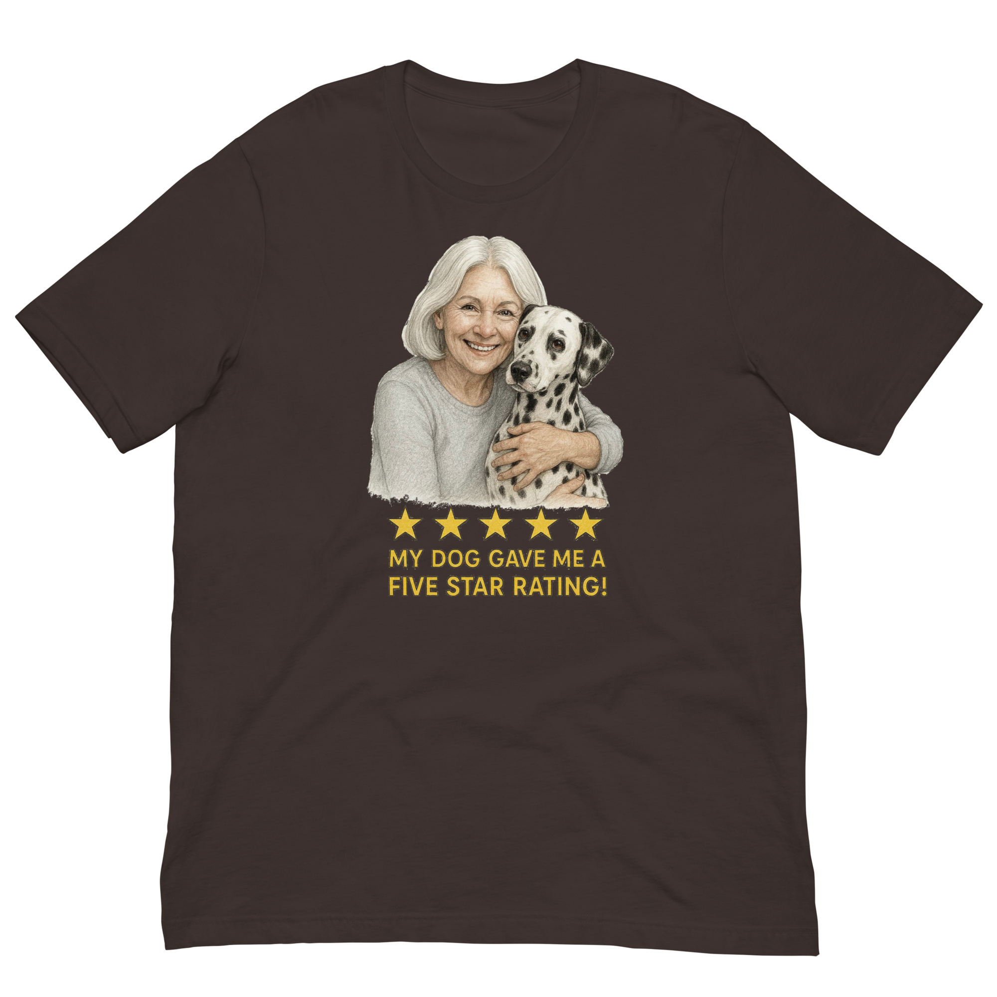 White Hair Woman with Dalmatian graphic tee.