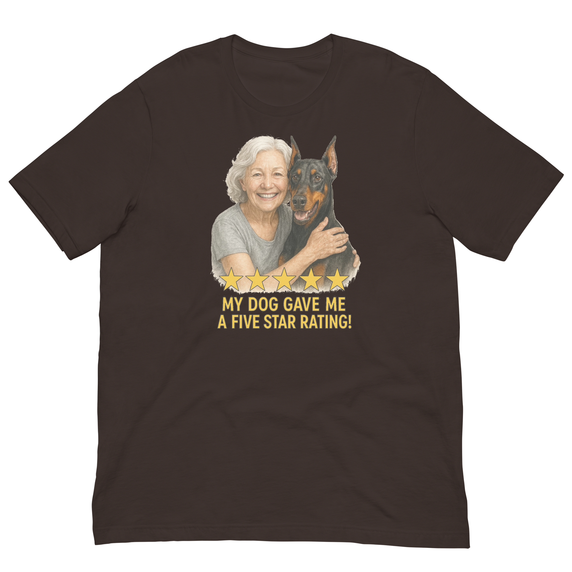 White Hair Woman with Doberman Pinscher graphic tee.