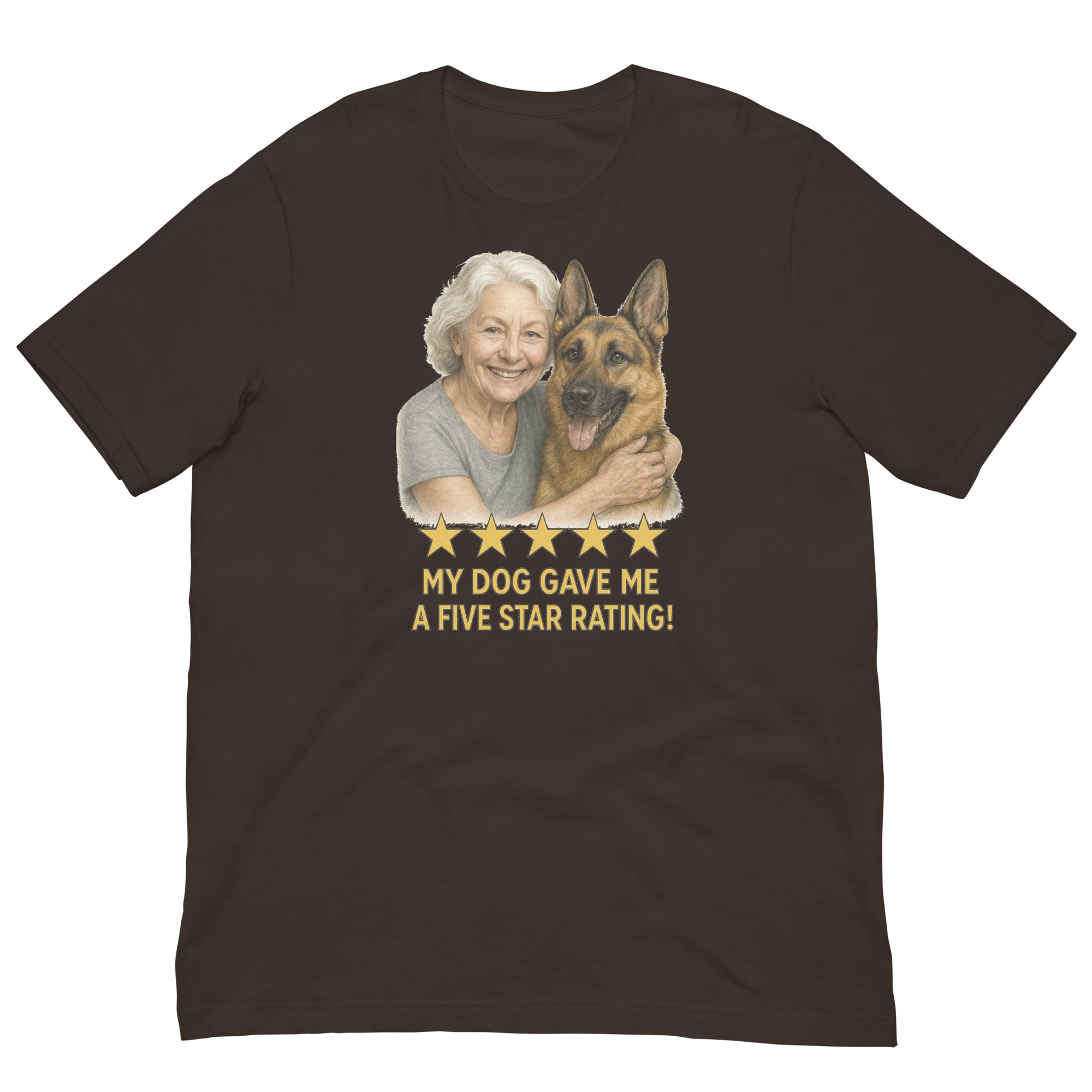 White Hair Woman with German Shepherd graphic tee.