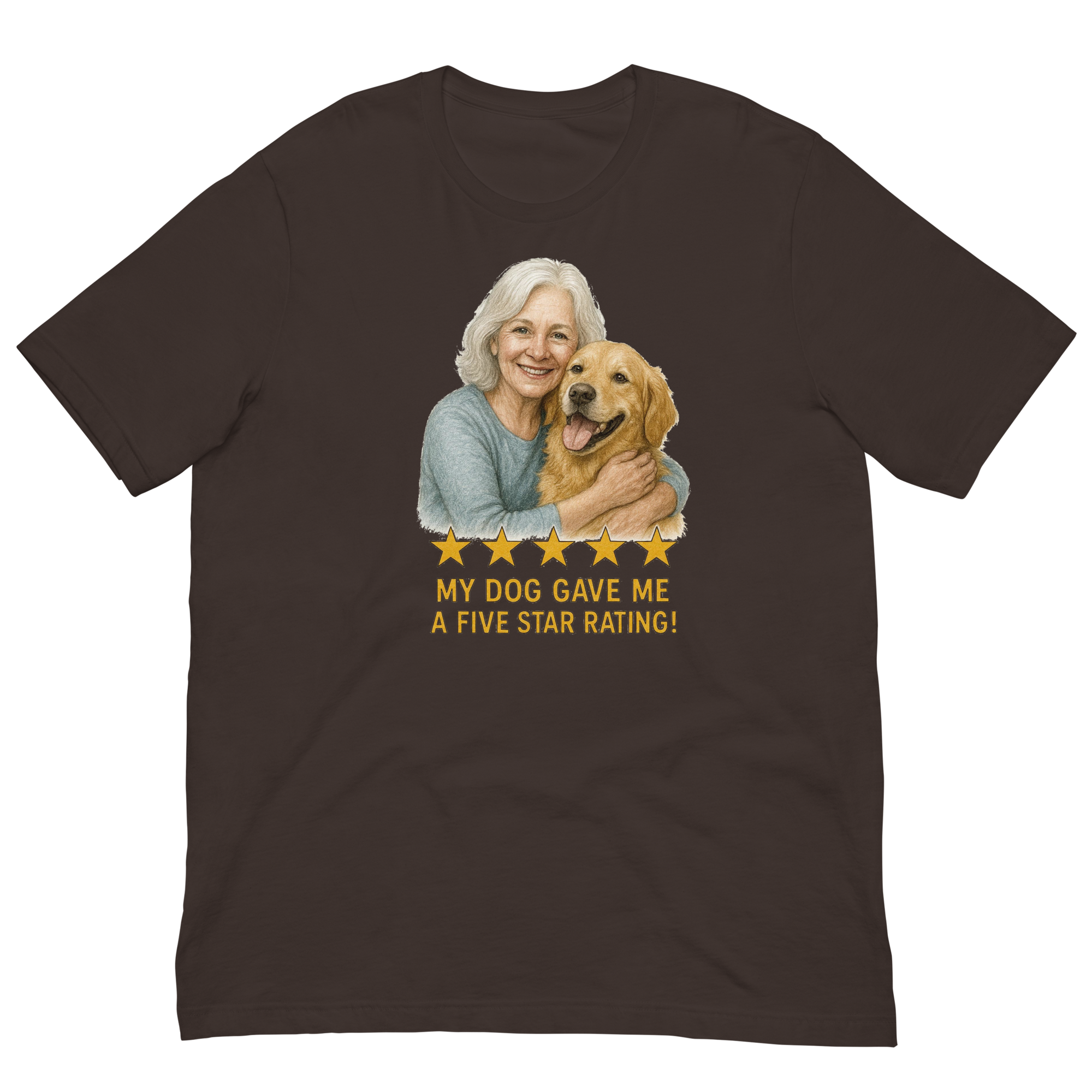 White Hair Woman with Golden Retriever graphic tee.
