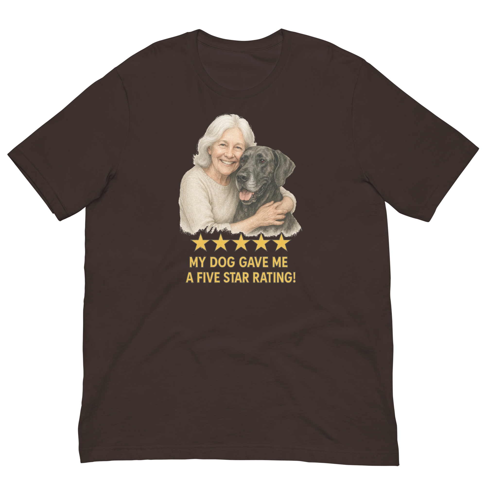 White Hair Woman with Great Dane graphic tee.
