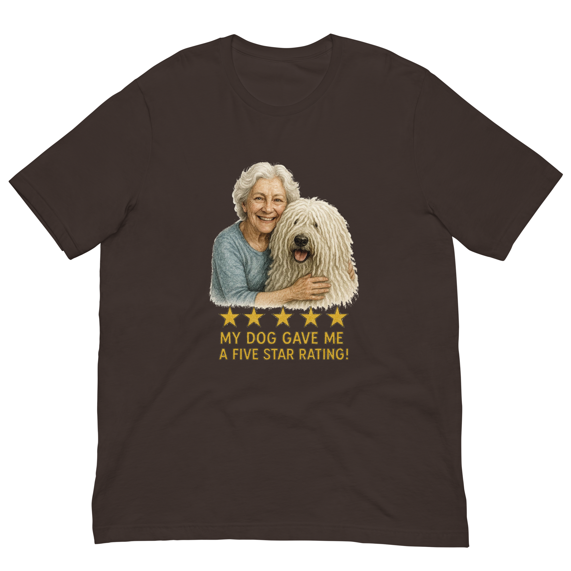 White Hair Woman with Komondor graphic tee.