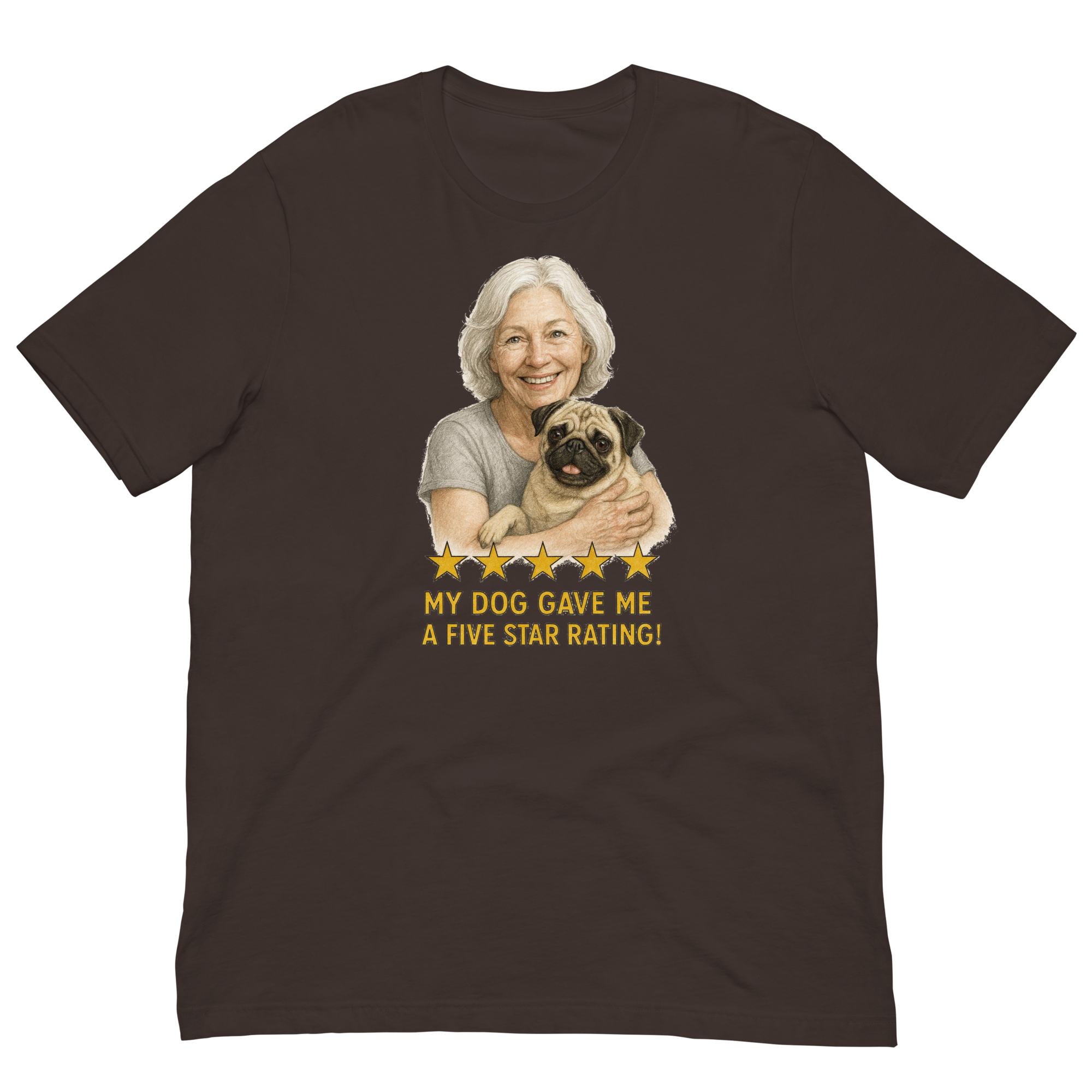 White Hair Woman with Pug graphic tee.