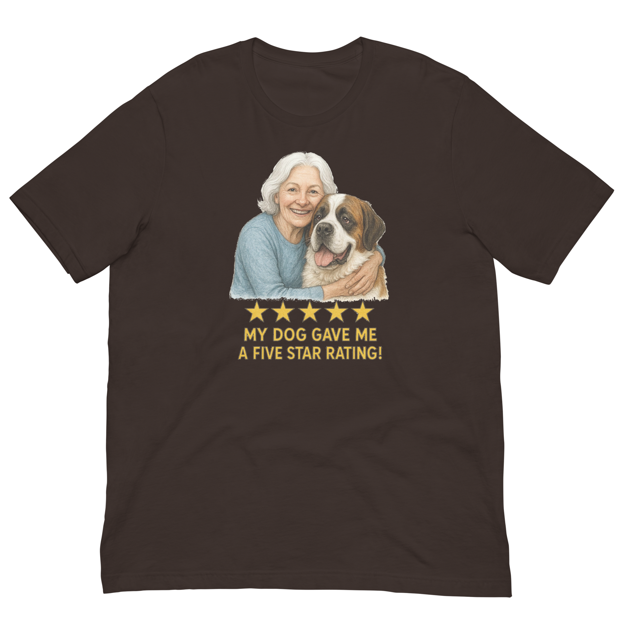 White Hair Woman with Saint Bernard graphic tee.