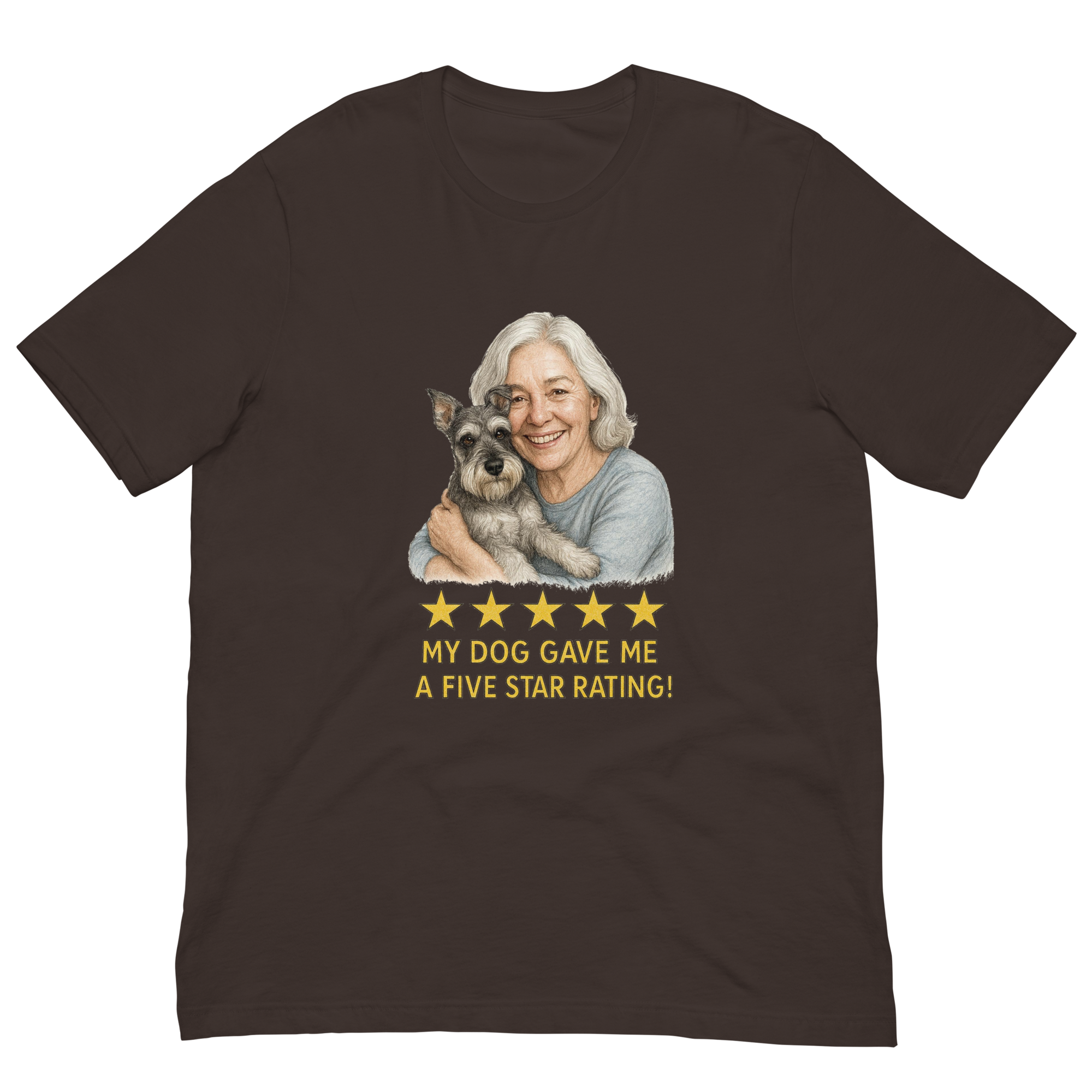 White Hair Woman with Schnauzer graphic tee.