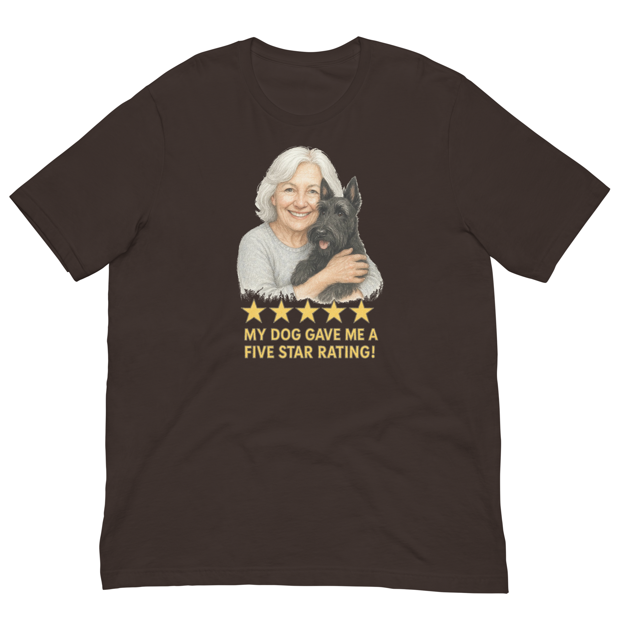 White Hair Woman with Scottie graphic tee.