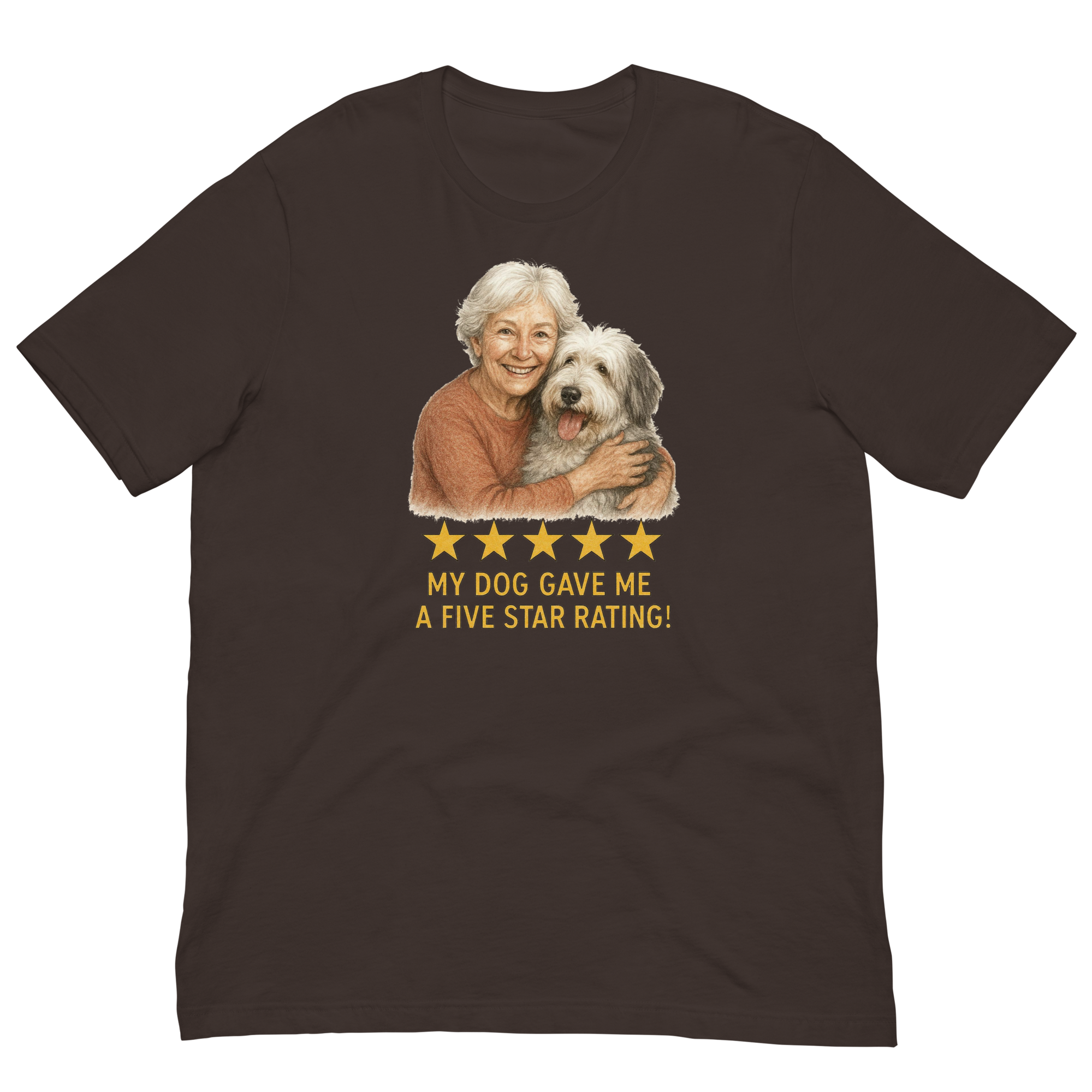 White Hair Woman with Sheepdog graphic tee.