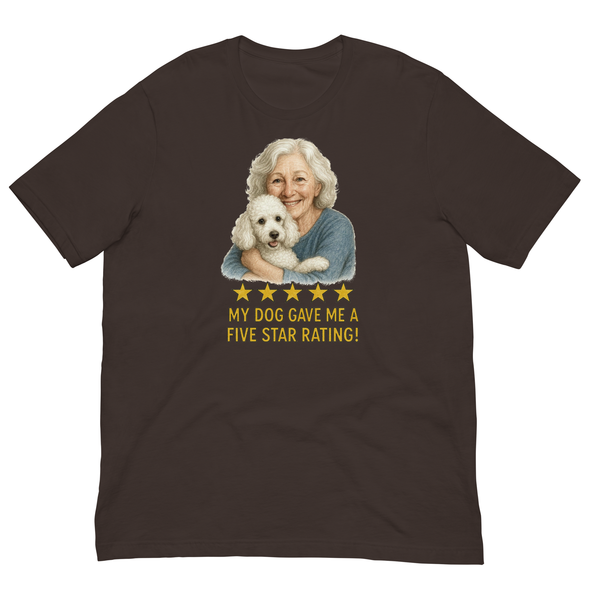White Hair Woman with White Poodle graphic tee.