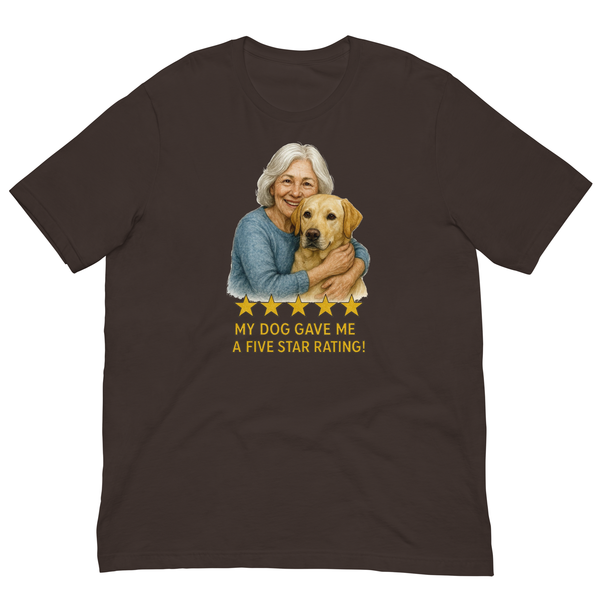 White Hair Woman with Yellow Labrador graphic tee.