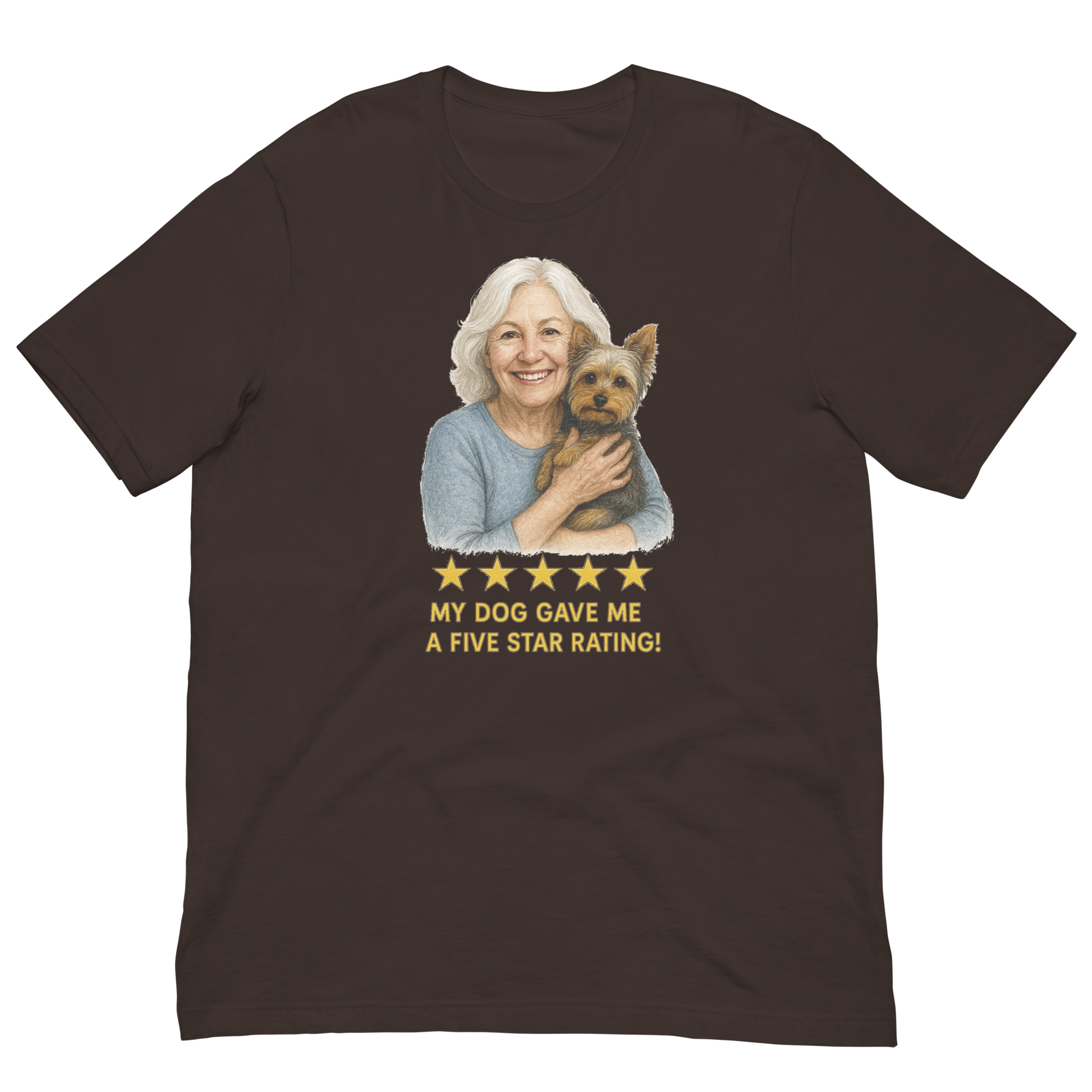 White Hair Woman with Yorkie graphic tee.